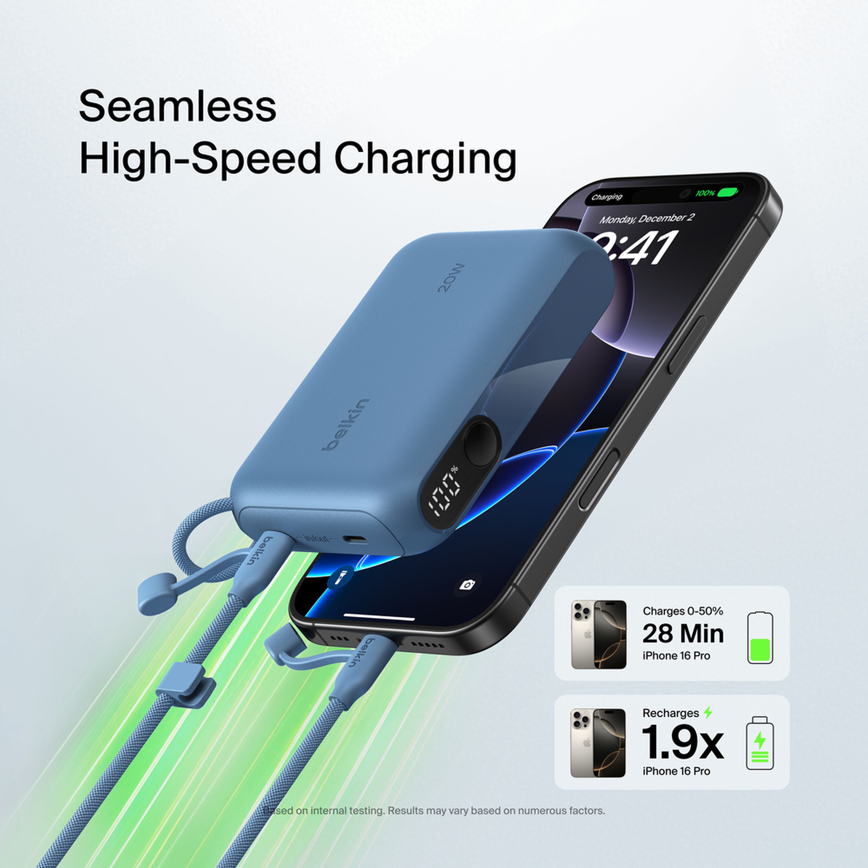 Blue Belkin BoostCharge 10,000 mAh power bank with a digital battery display and two USB-C ports. — view 3