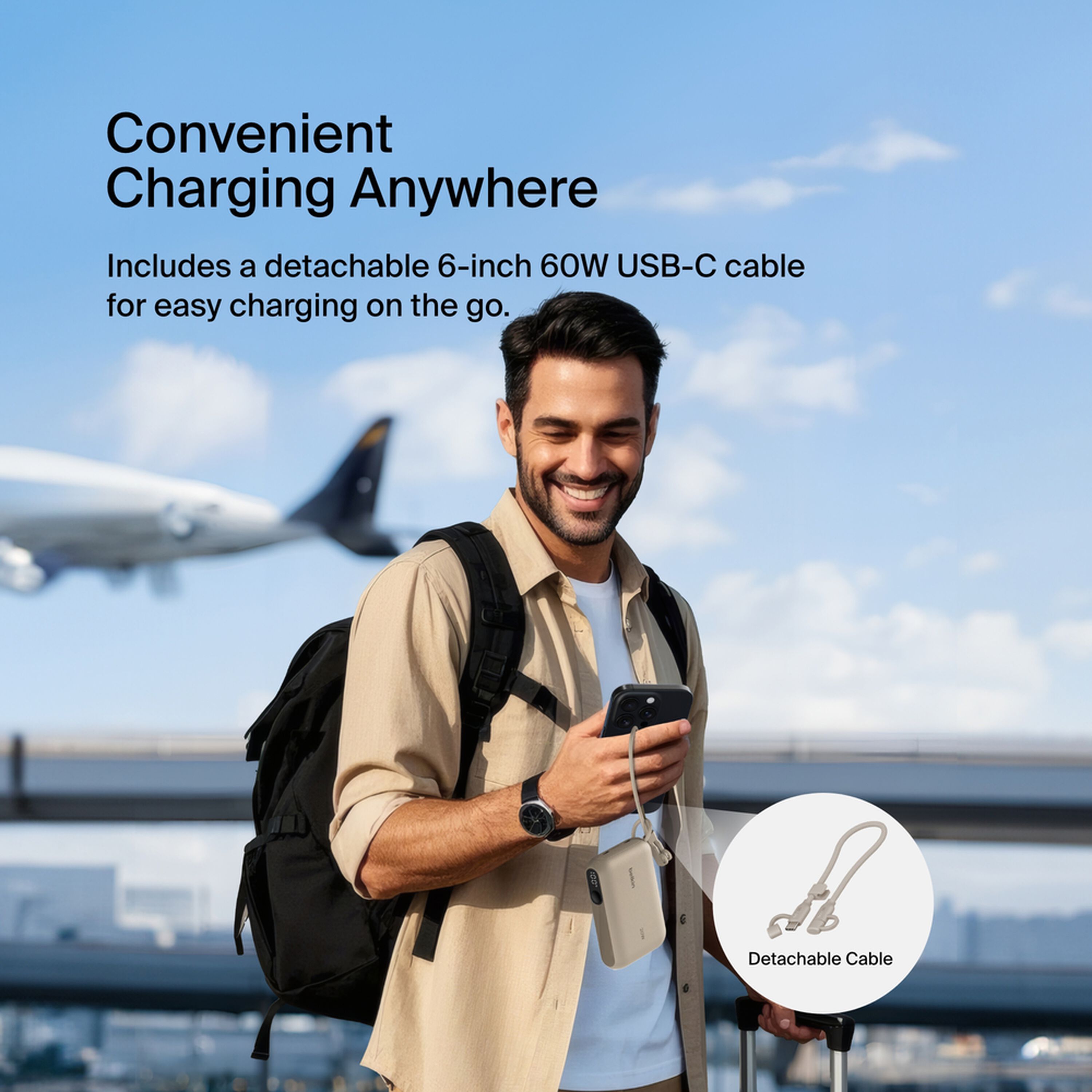 Sand-coloured Belkin BoostCharge 10,000 mAh power bank with a digital battery display and two USB-C ports. — view 5