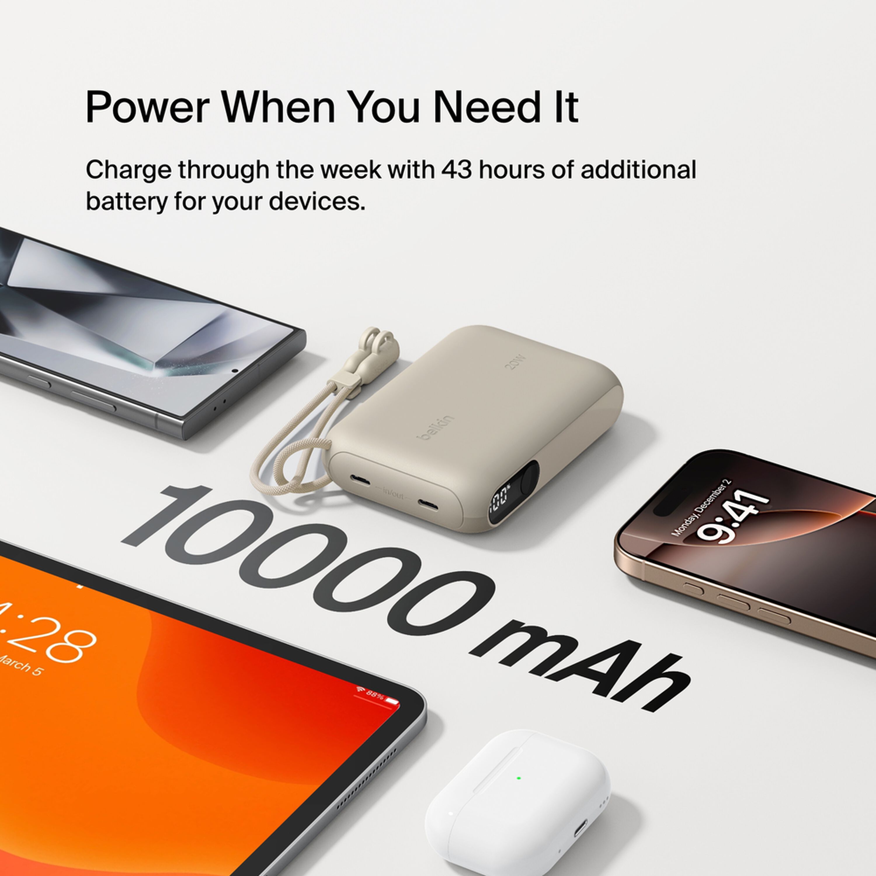 Sand-coloured Belkin BoostCharge 10,000 mAh power bank with a digital battery display and two USB-C ports. — view 4