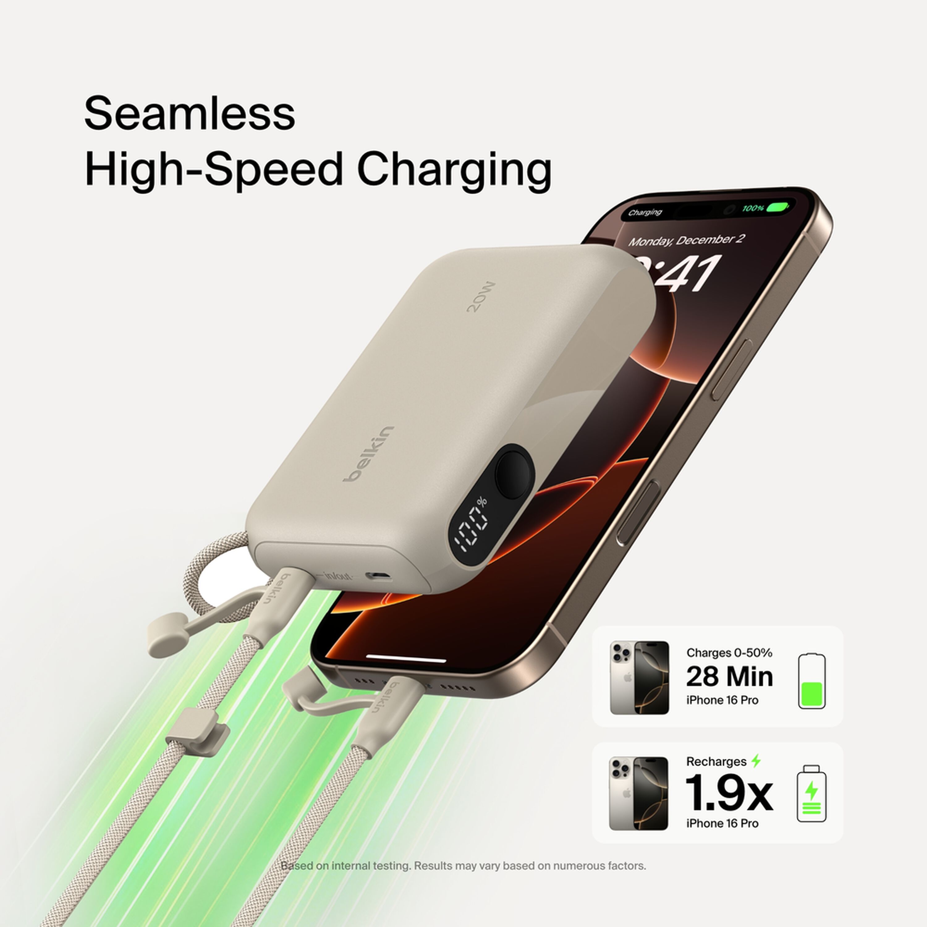 Sand-coloured Belkin BoostCharge 10,000 mAh power bank with a digital battery display and two USB-C ports. — view 3