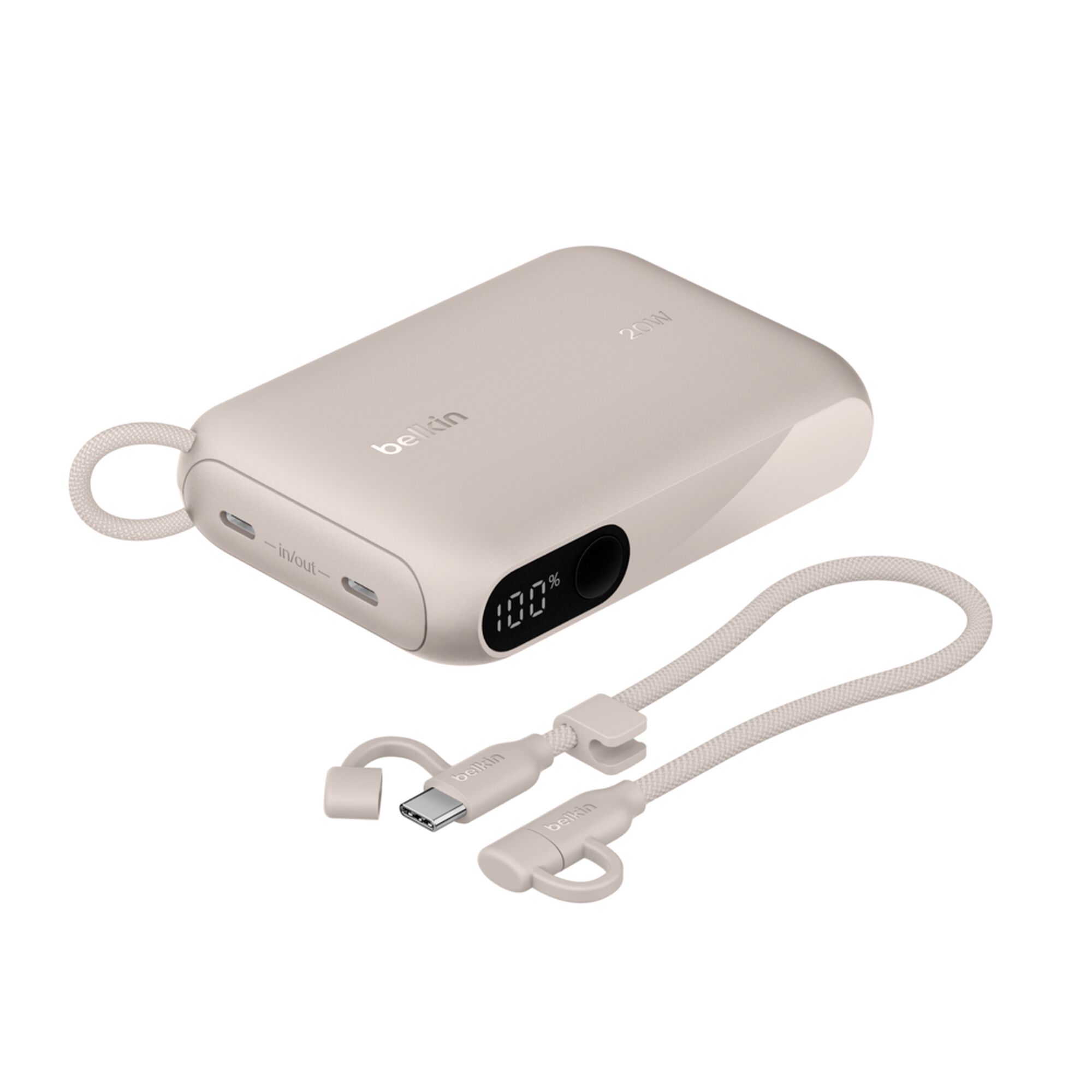 Sand-coloured Belkin BoostCharge 10,000 mAh power bank with a digital battery display and two USB-C ports. — view 9
