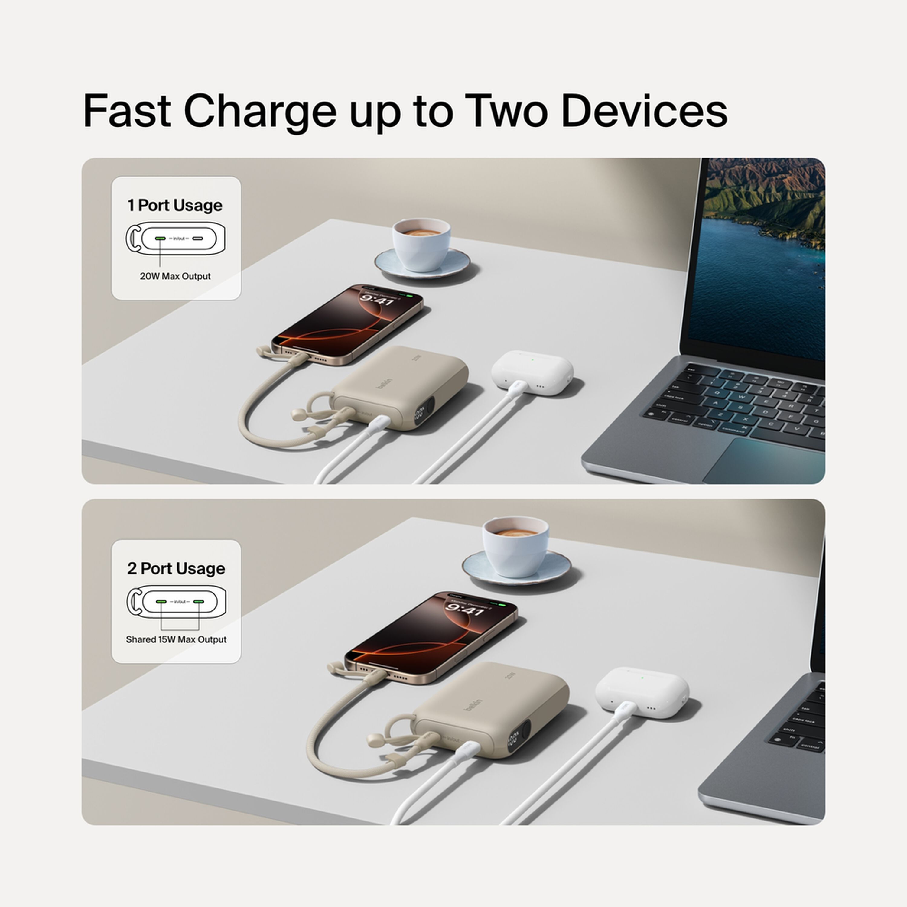 Sand-coloured Belkin BoostCharge 10,000 mAh power bank with a digital battery display and two USB-C ports. — view 2
