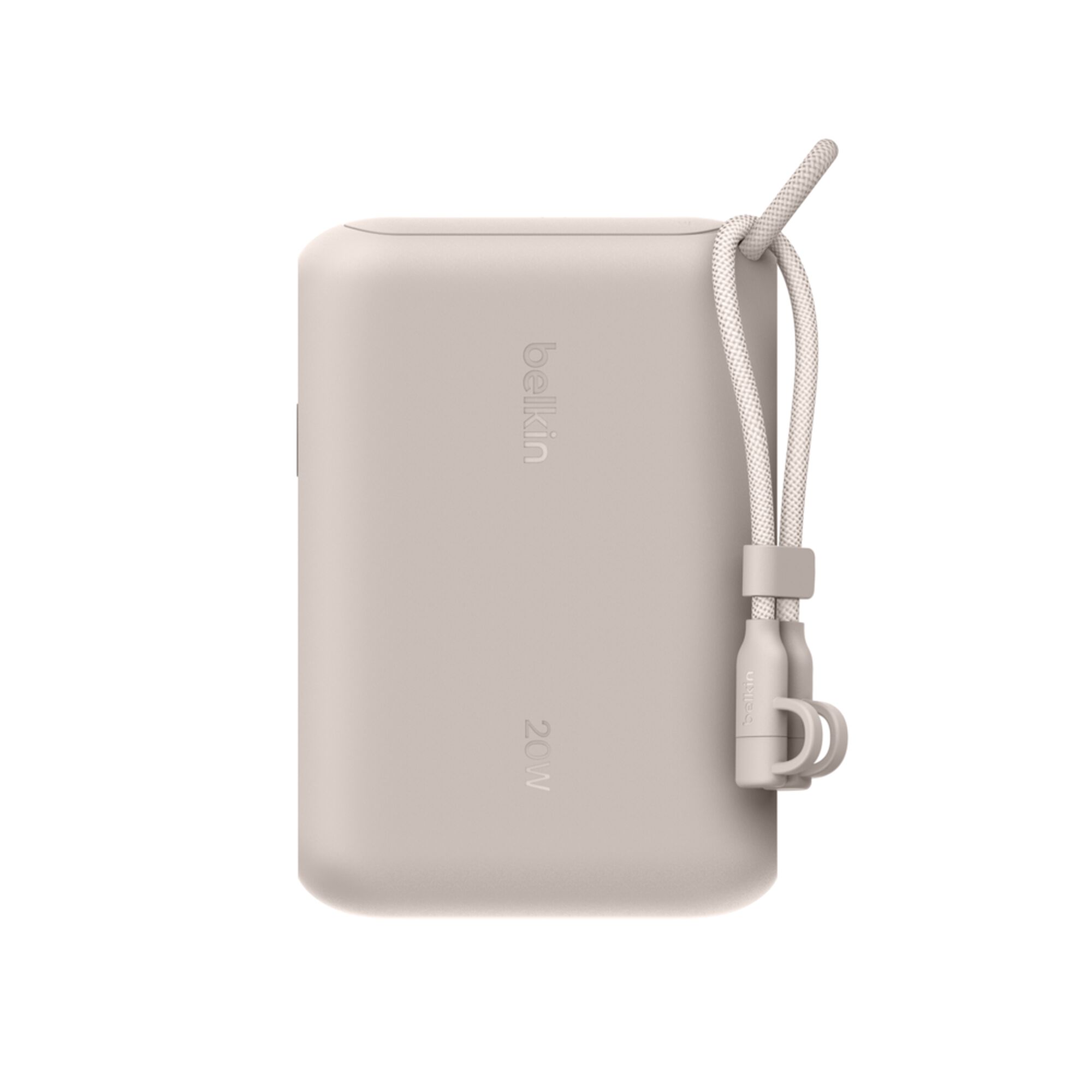 Sand-coloured Belkin BoostCharge 10,000 mAh power bank with a digital battery display and two USB-C ports. — view 14