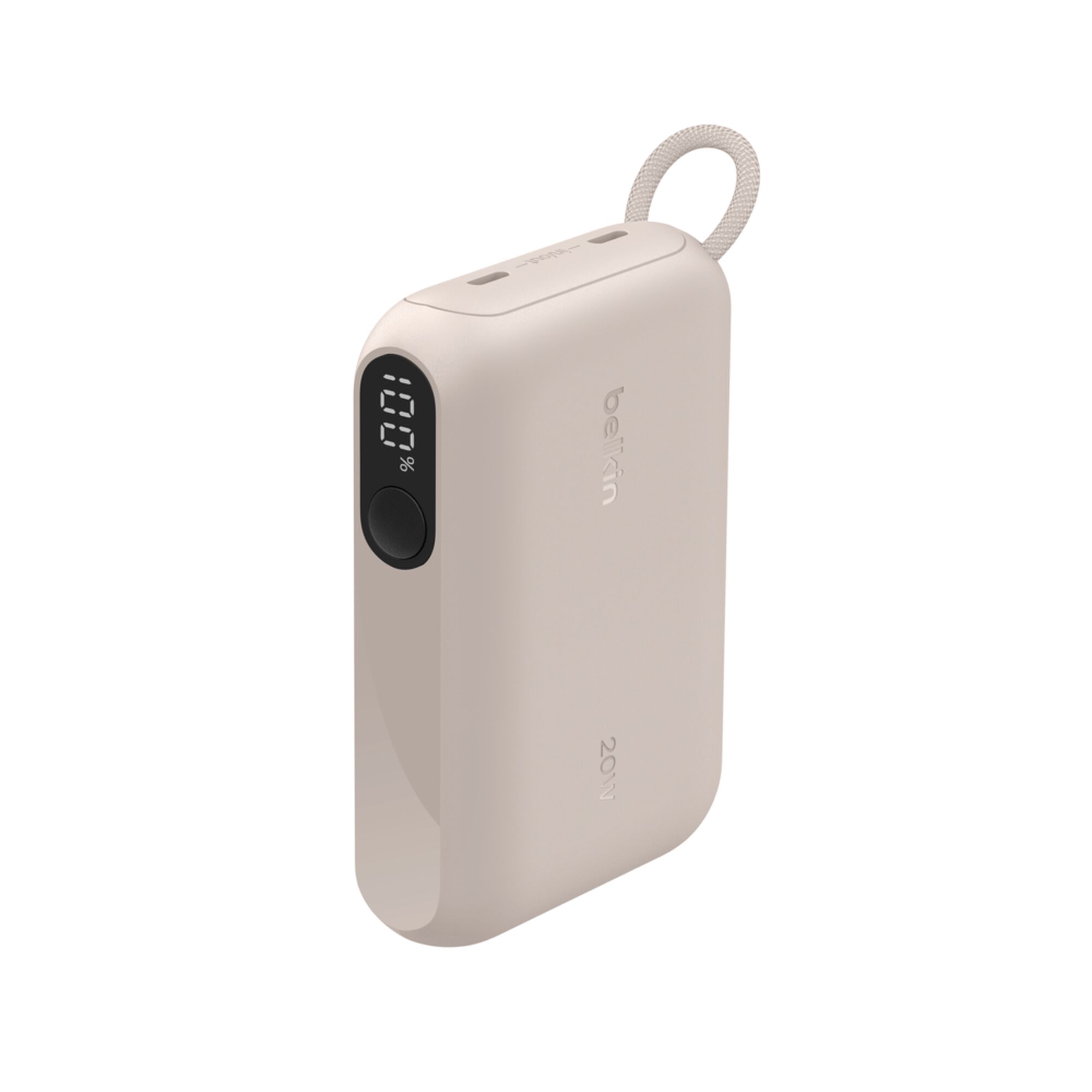Sand-coloured Belkin BoostCharge 10,000 mAh power bank with a digital battery display and two USB-C ports. — view 12