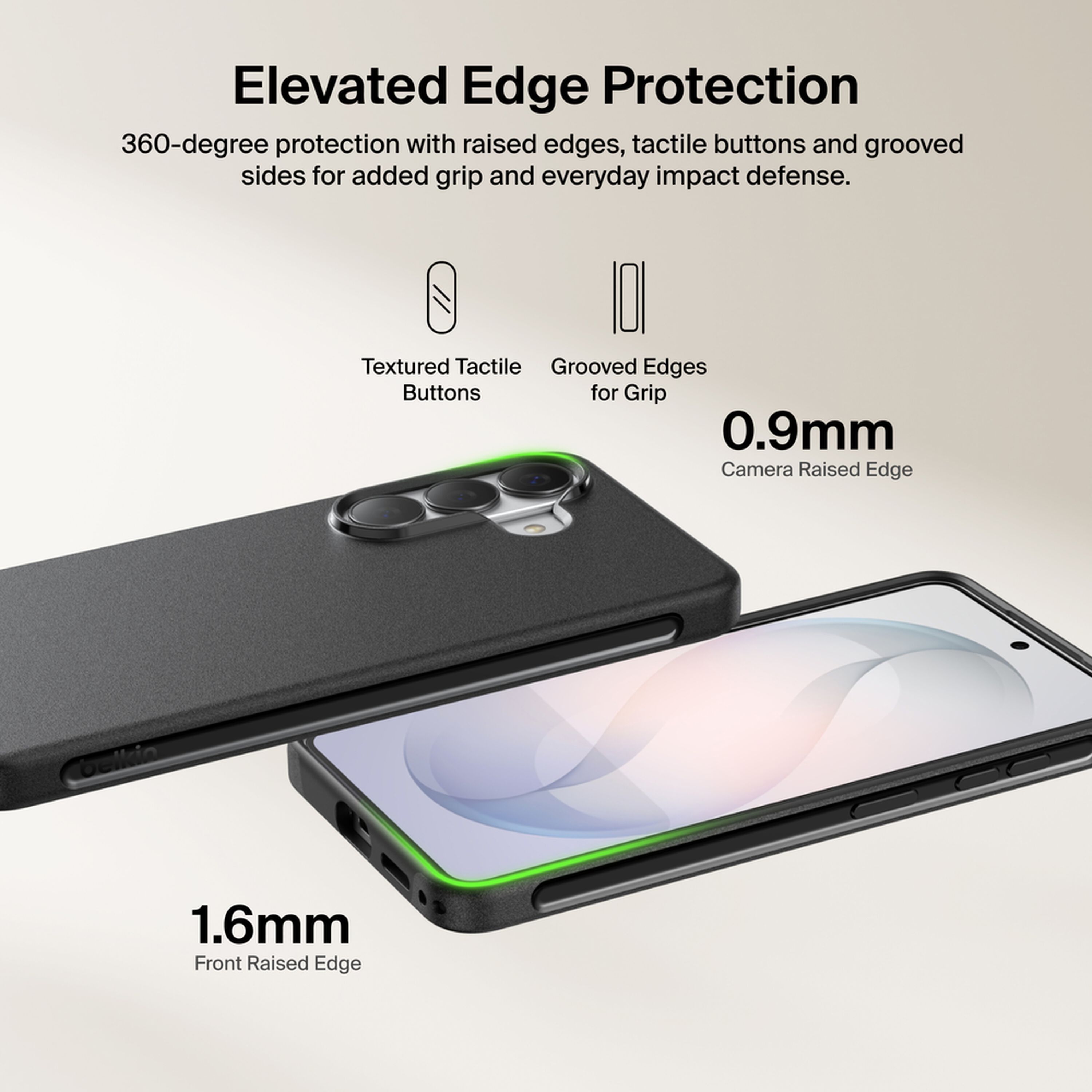 Belkin SheerForce Protect Series dual-layer case in Black on a Samsung Galaxy S26, showing grippy side grooves and textured buttons. — view 6