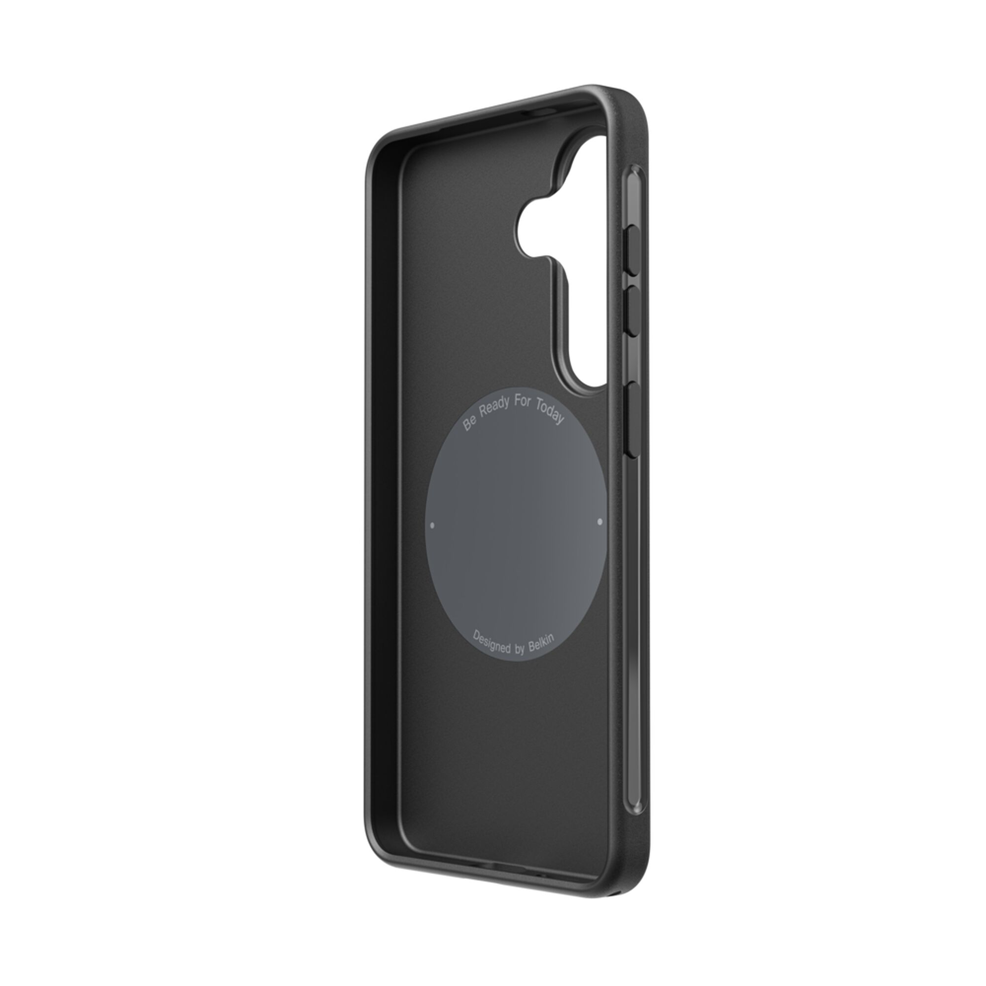 Belkin SheerForce Protect Series dual-layer case in Black on a Samsung Galaxy S26, showing grippy side grooves and textured buttons. — view 12