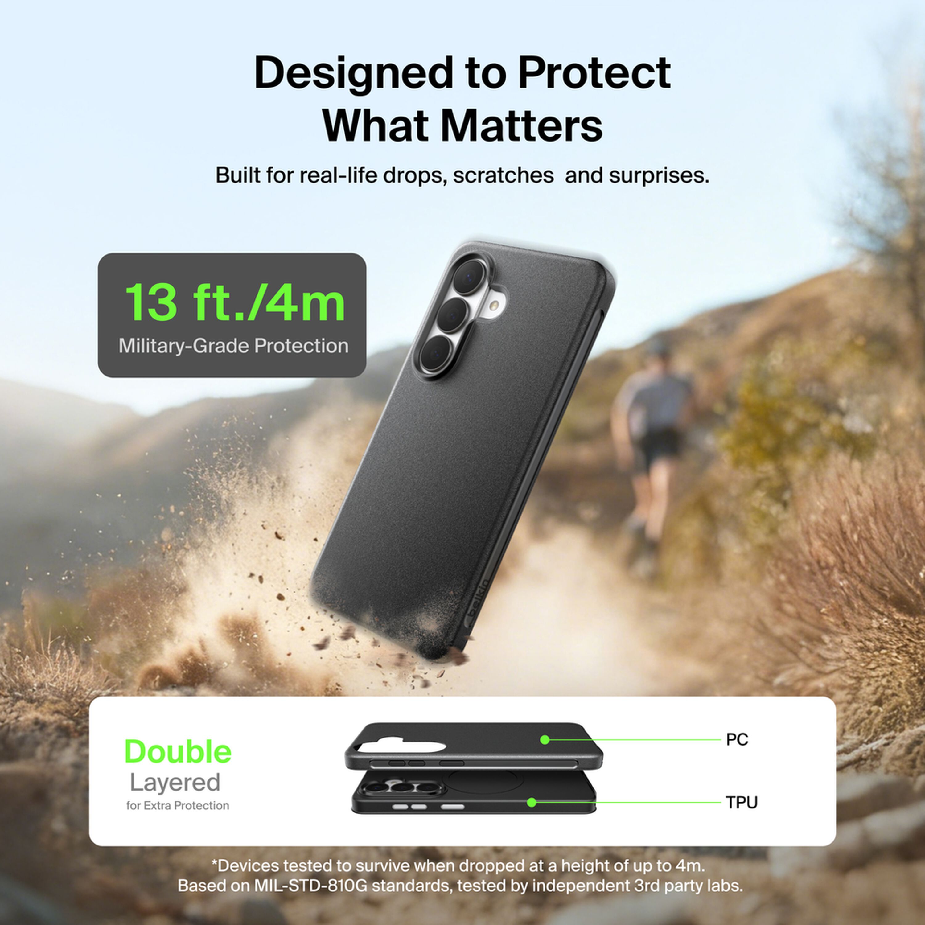 Belkin SheerForce Protect Series dual-layer case in Black on a Samsung Galaxy S26, showing grippy side grooves and textured buttons. — view 3