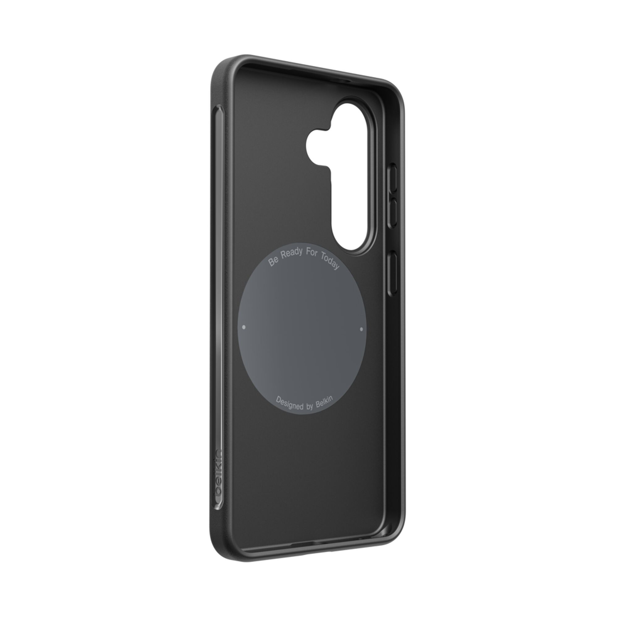 Belkin SheerForce Protect Series dual-layer case in Black on a Samsung Galaxy S26, showing grippy side grooves and textured buttons. — view 11