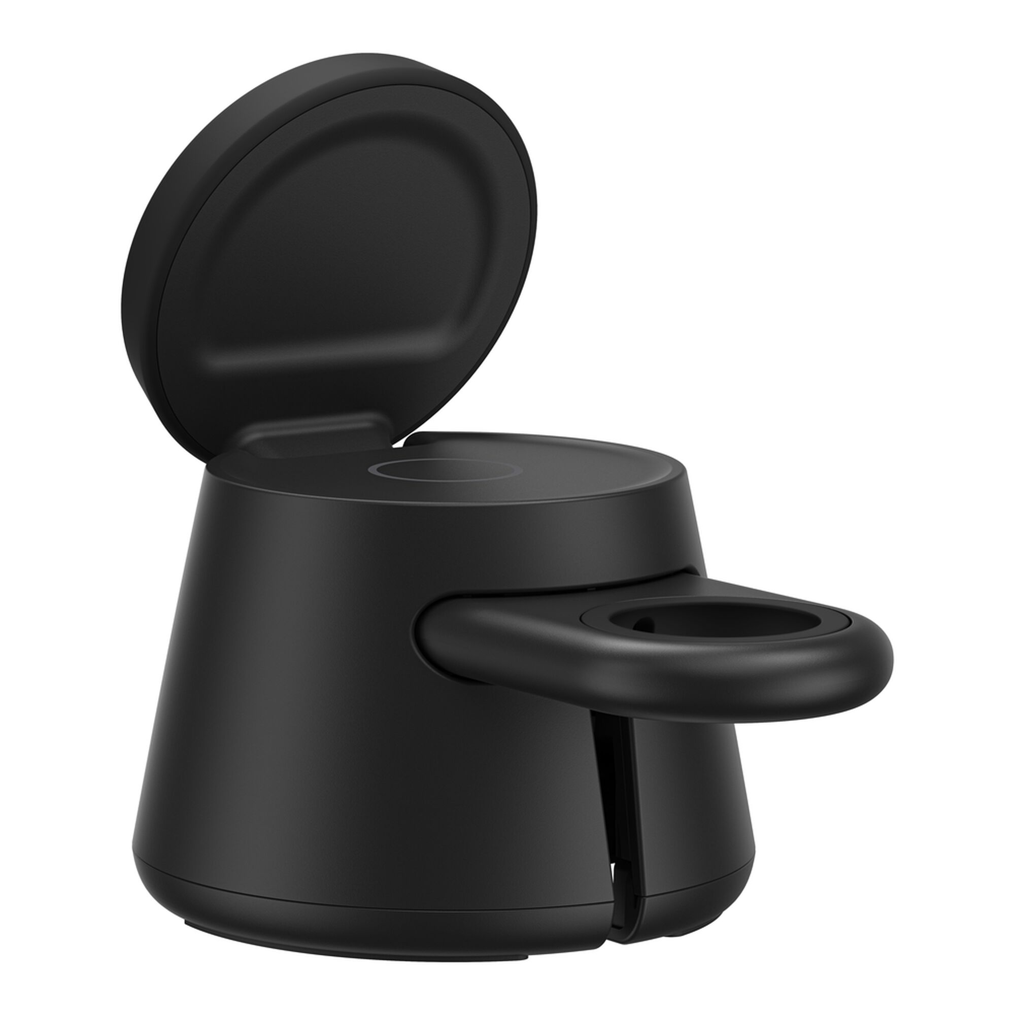 Black Belkin UltraCharge 3-in-1 modular charging dock with a phone on the Qi2 pad, earbuds on the lower pad and a smartwatch on the rear holder. — view 11