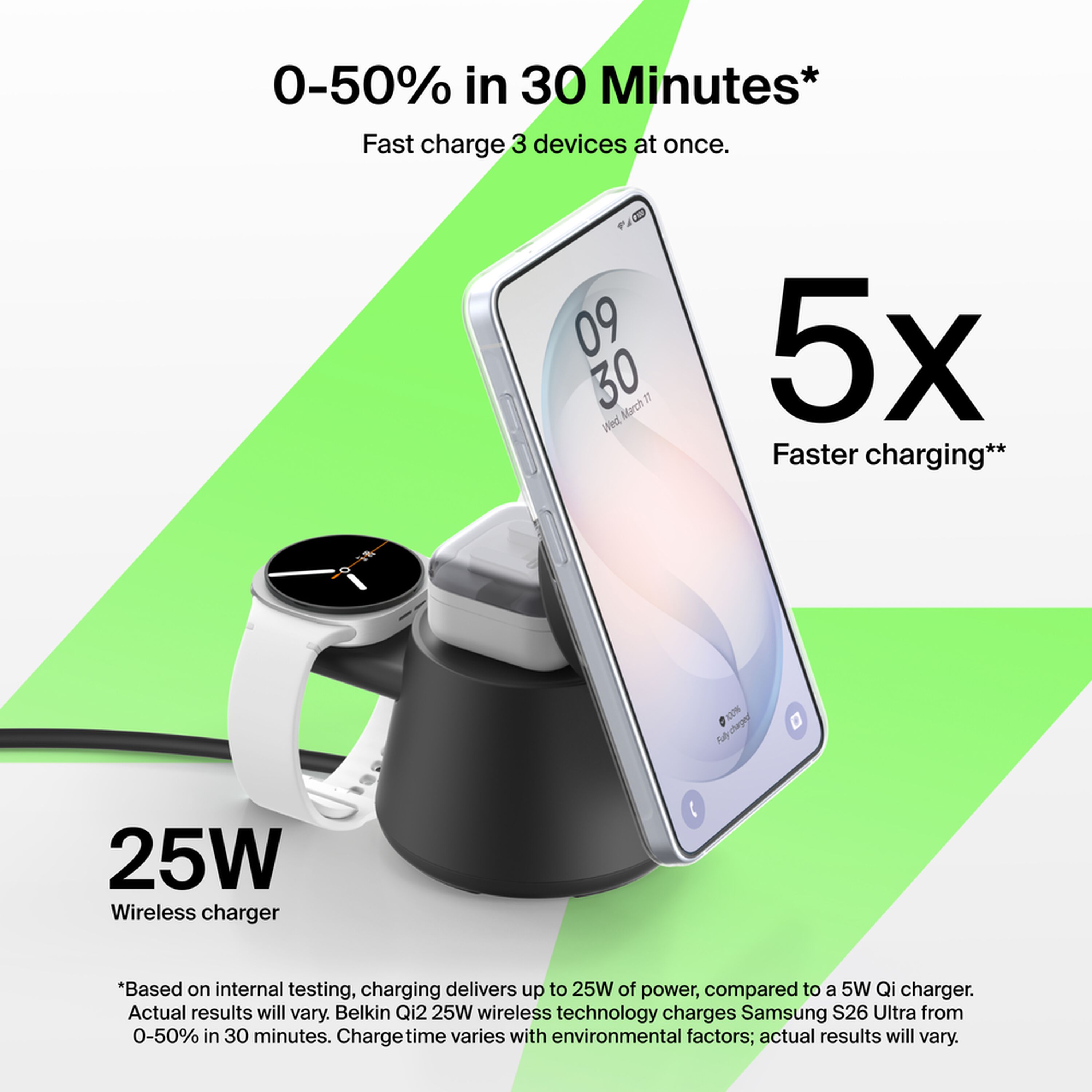 Black Belkin UltraCharge 3-in-1 modular charging dock with a phone on the Qi2 pad, earbuds on the lower pad and a smartwatch on the rear holder. — view 4