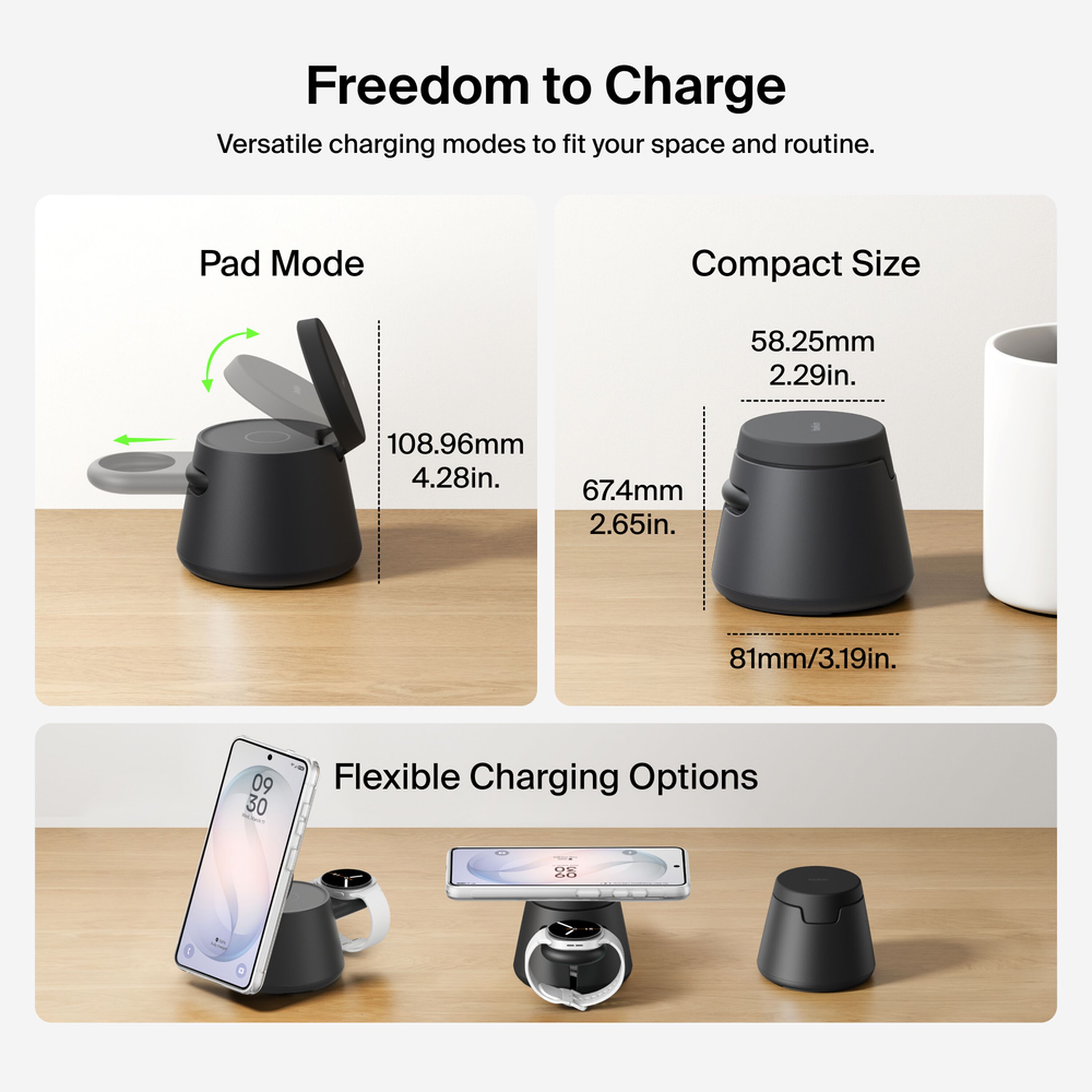 Black Belkin UltraCharge 3-in-1 modular charging dock with a phone on the Qi2 pad, earbuds on the lower pad and a smartwatch on the rear holder. — view 6
