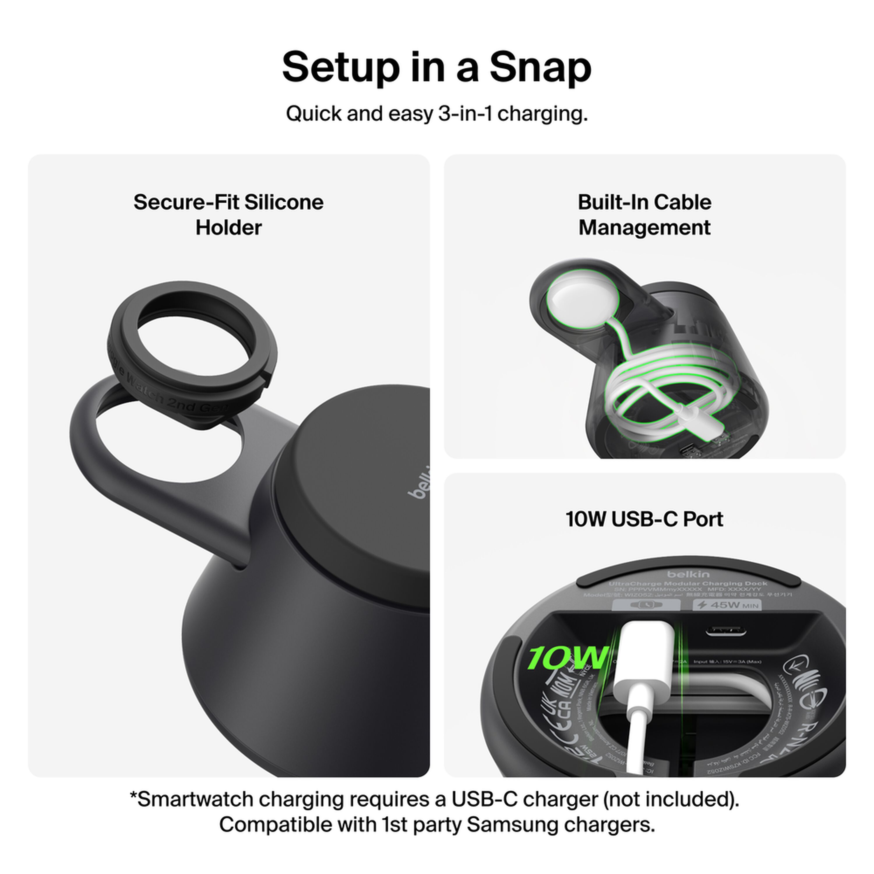 Black Belkin UltraCharge 3-in-1 modular charging dock with a phone on the Qi2 pad, earbuds on the lower pad and a smartwatch on the rear holder. — view 3
