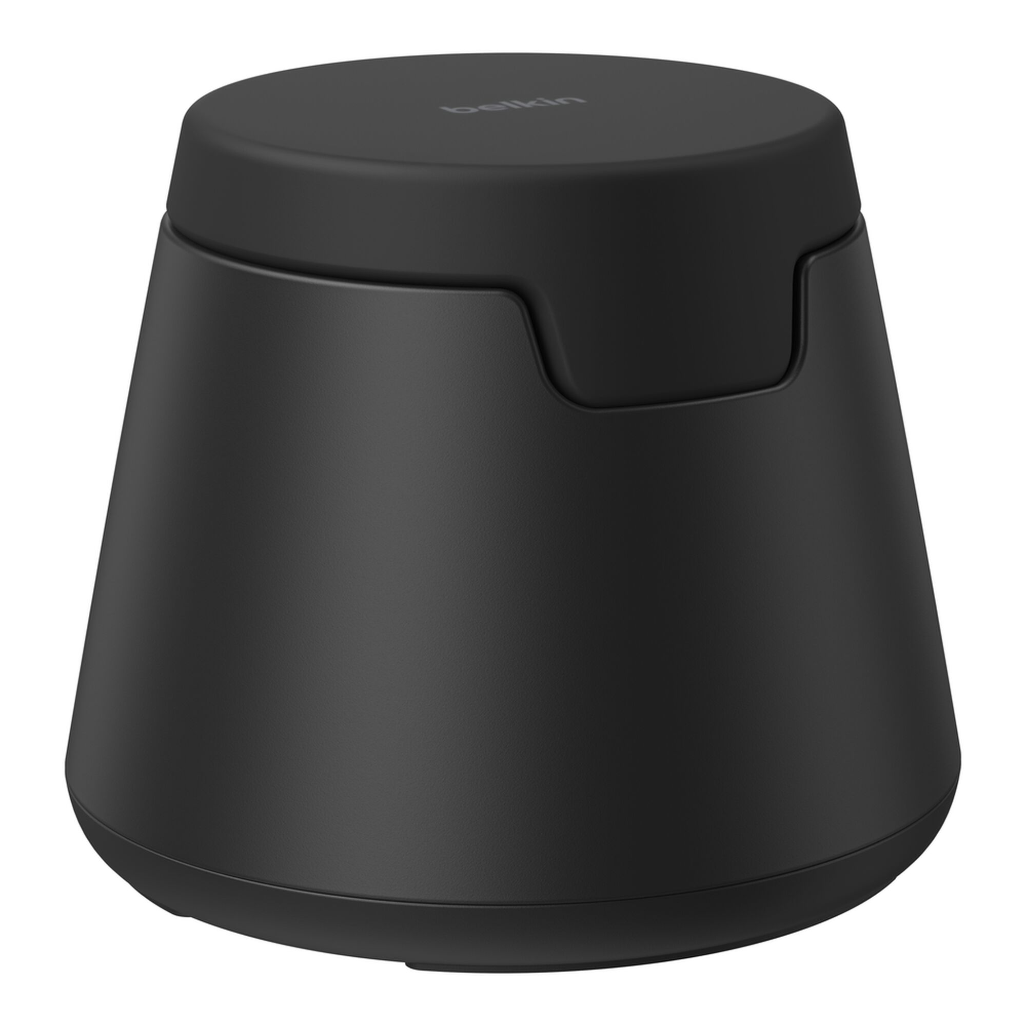 Black Belkin UltraCharge 3-in-1 modular charging dock with a phone on the Qi2 pad, earbuds on the lower pad and a smartwatch on the rear holder. — view 13