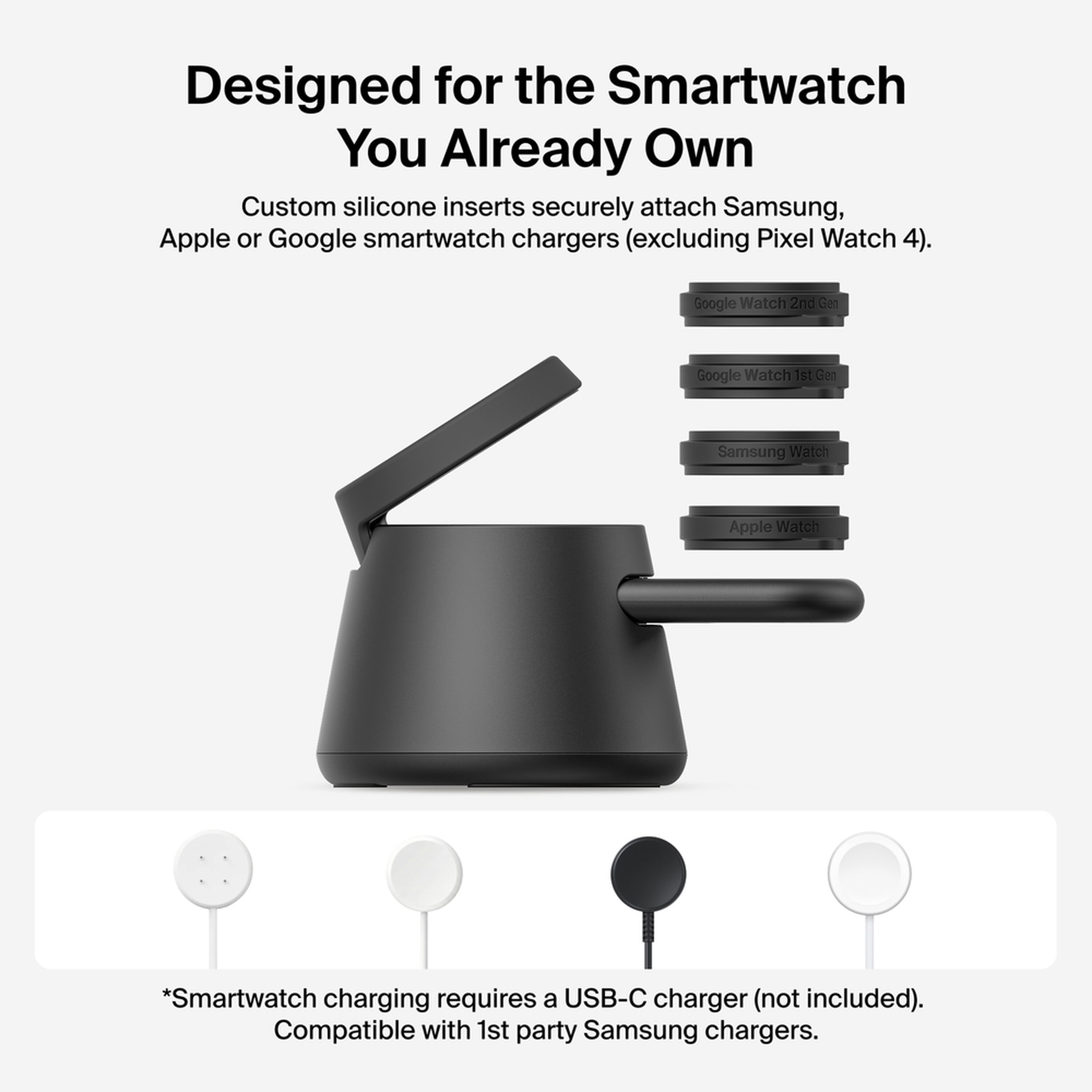 Black Belkin UltraCharge 3-in-1 modular charging dock with a phone on the Qi2 pad, earbuds on the lower pad and a smartwatch on the rear holder. — view 2