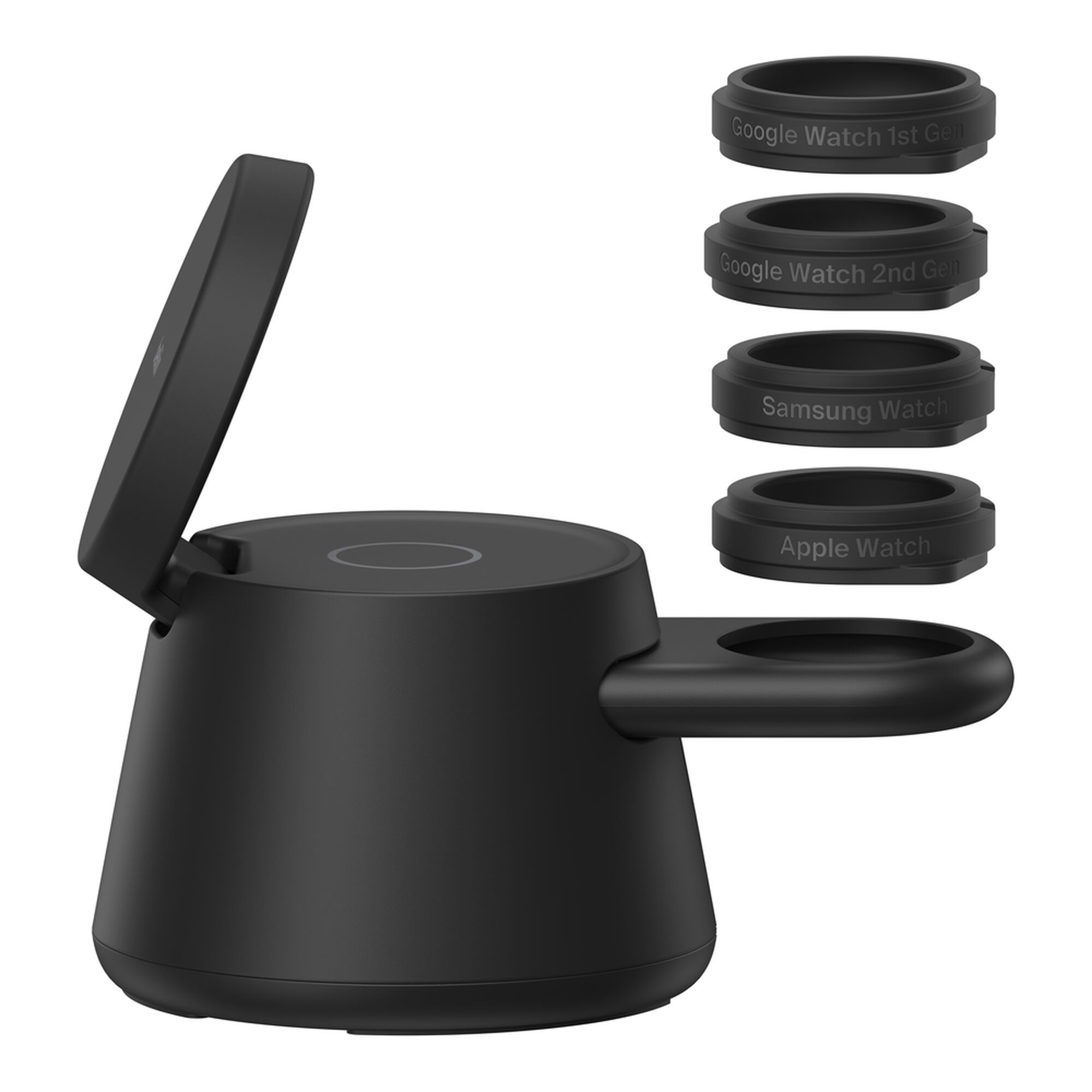 Black Belkin UltraCharge 3-in-1 modular charging dock with a phone on the Qi2 pad, earbuds on the lower pad and a smartwatch on the rear holder. — view 12