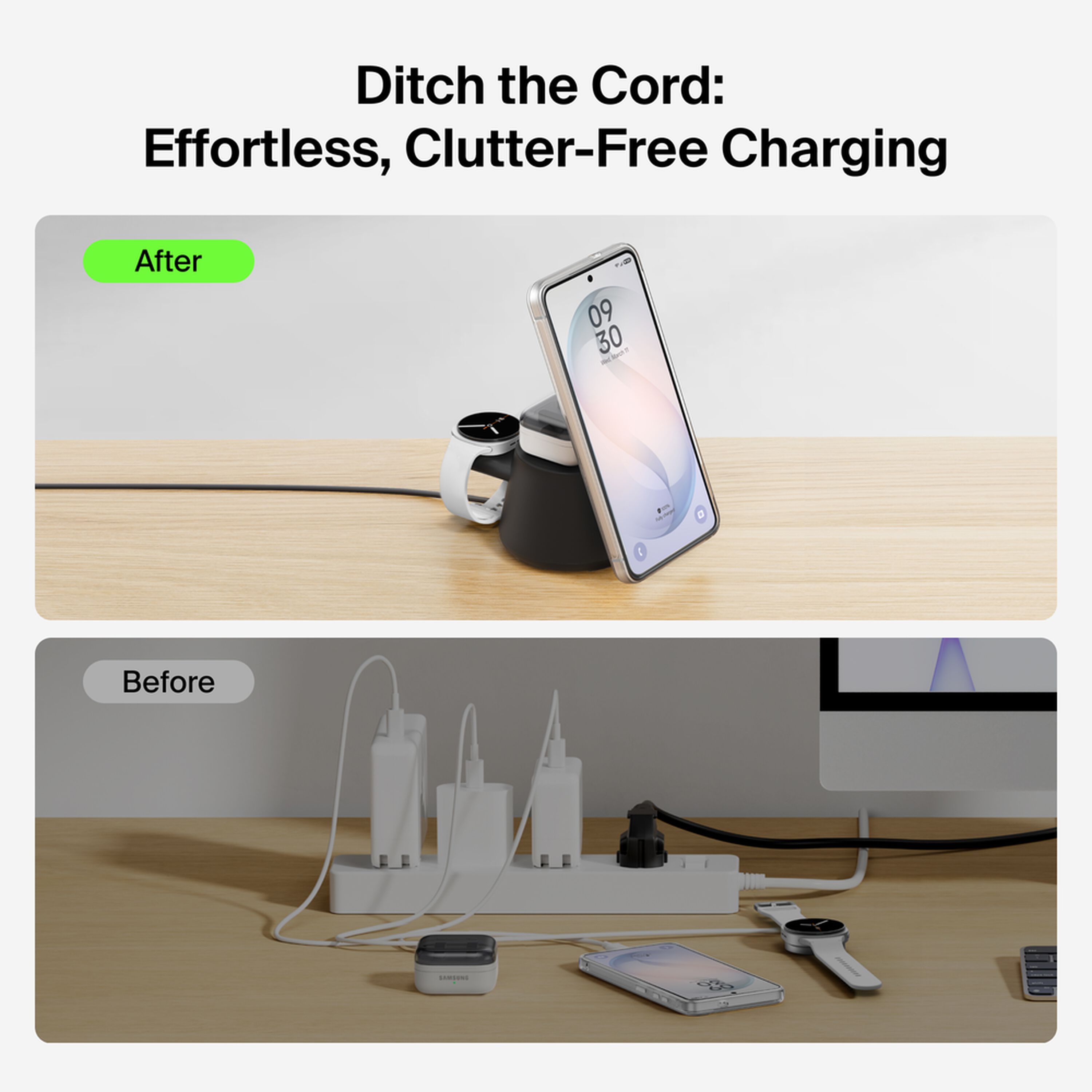 Black Belkin UltraCharge 3-in-1 modular charging dock with a phone on the Qi2 pad, earbuds on the lower pad and a smartwatch on the rear holder. — view 9