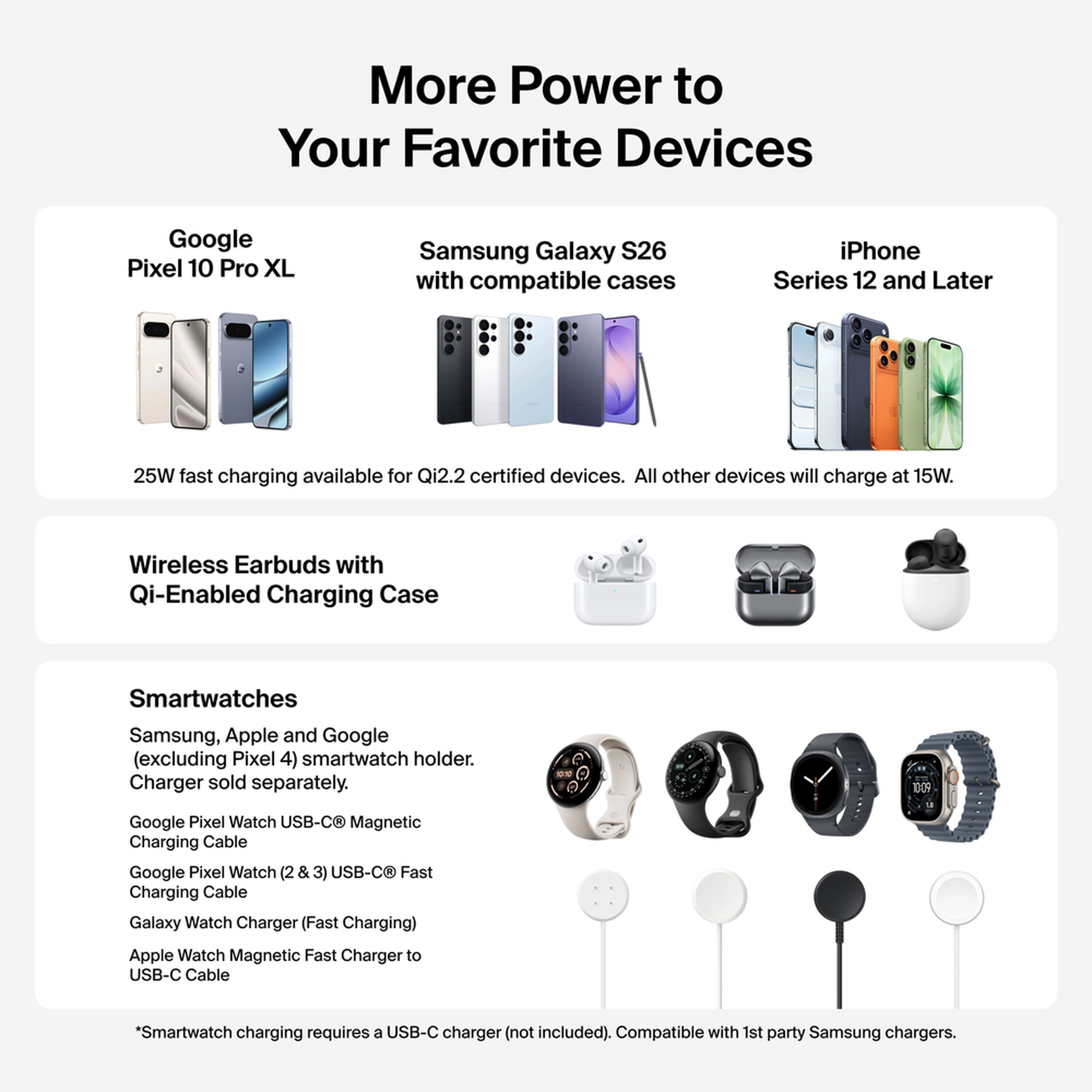 Black Belkin UltraCharge 3-in-1 modular charging dock with a phone on the Qi2 pad, earbuds on the lower pad and a smartwatch on the rear holder. — view 5