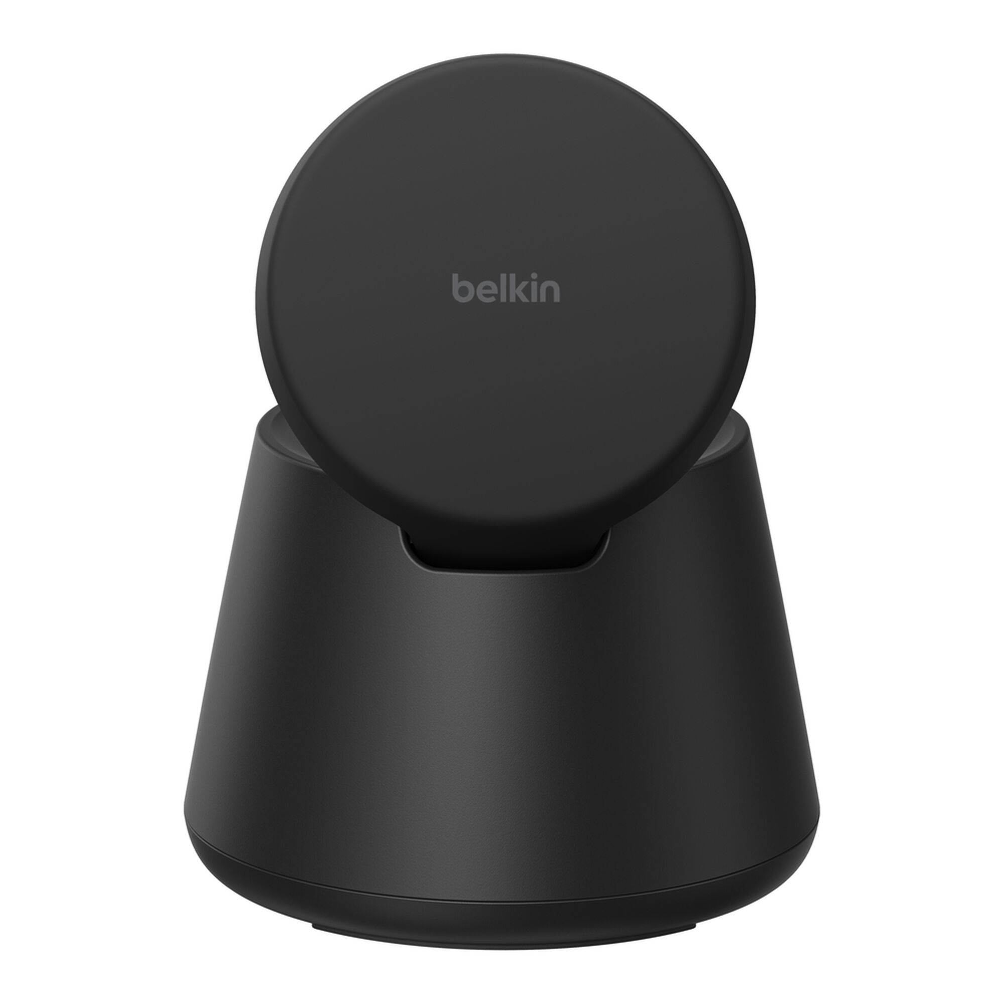 Black Belkin UltraCharge 3-in-1 modular charging dock with a phone on the Qi2 pad, earbuds on the lower pad and a smartwatch on the rear holder. — view 10