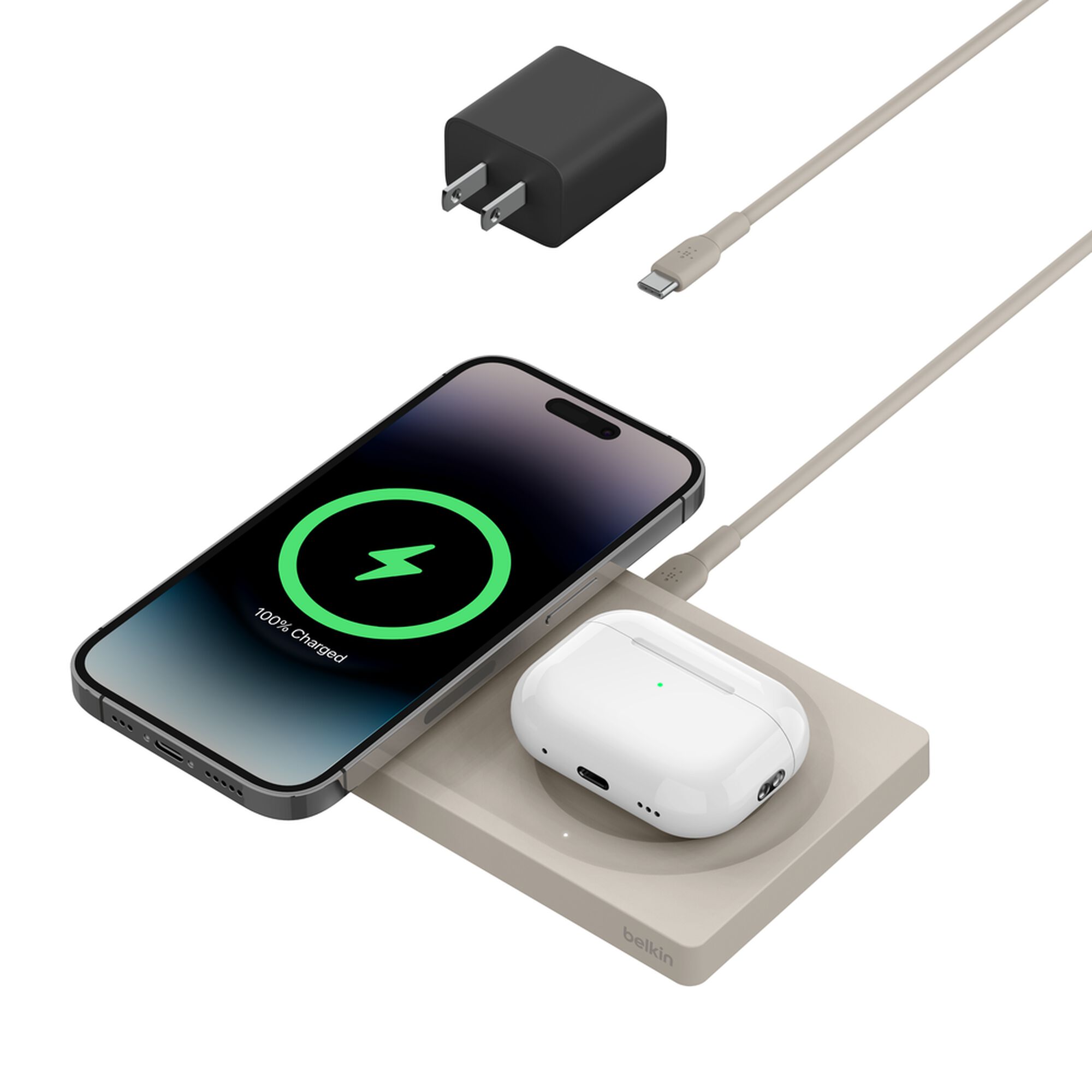 Belkin BoostCharge Pro 2-in-1 Wireless Charging Pad with MagSafe 15W, Sand (WIZ019TTSA)