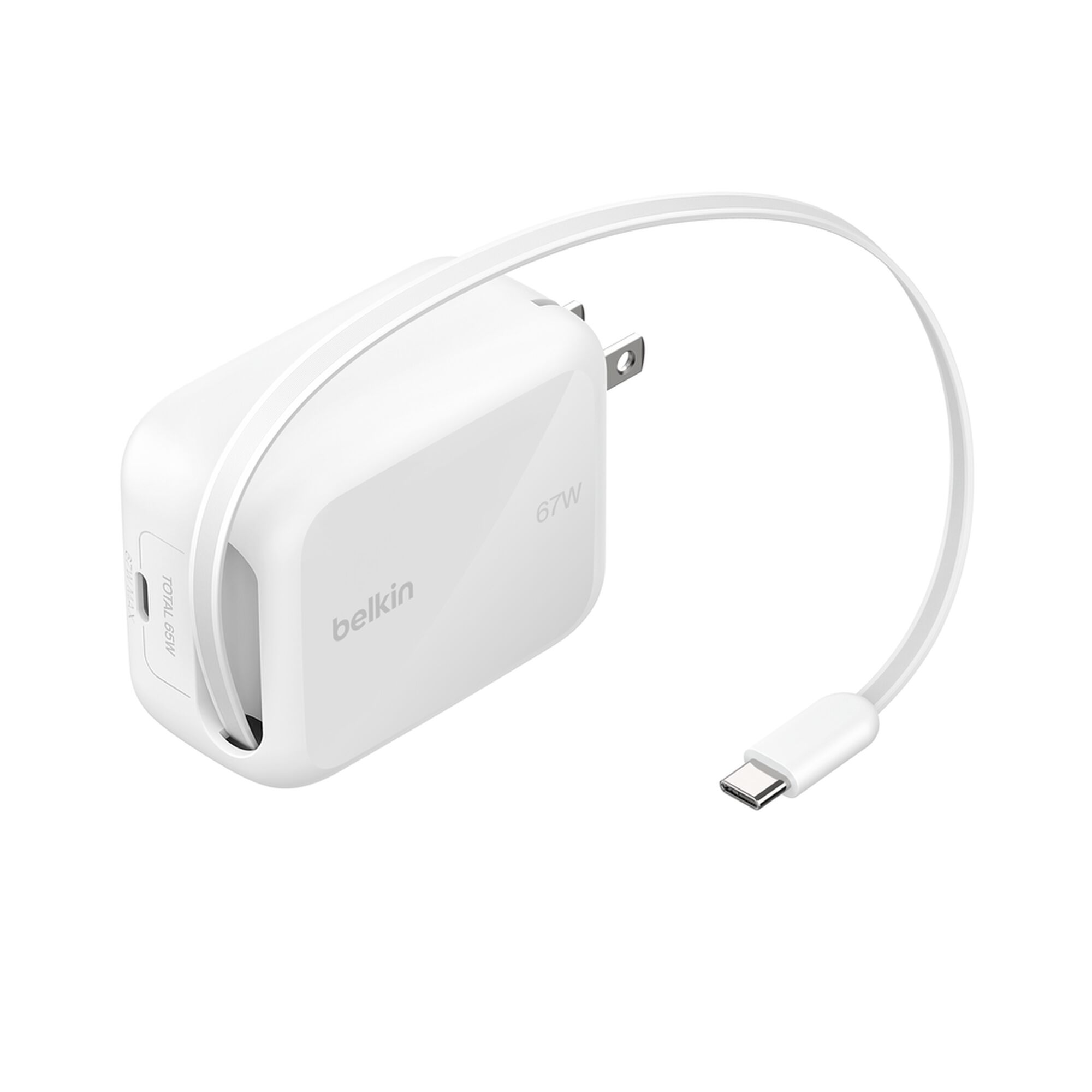Belkin UltraCharge Retractable GaN Wall Charger 67W with Built-In USB-C Cable, White
