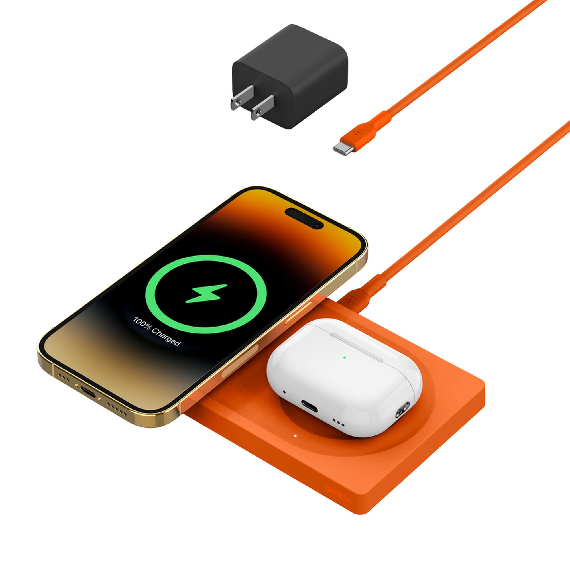 Belkin BoostCharge Pro 2-in-1 Wireless Charging Pad with Official MagSafe 15W, Orange