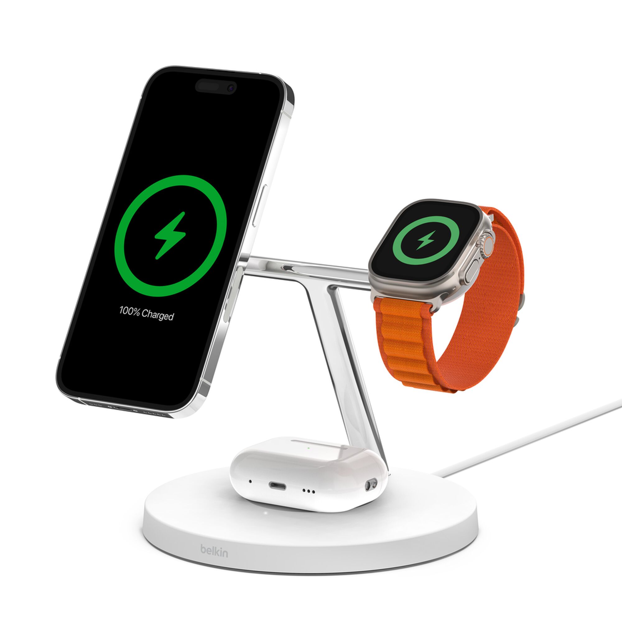 Belkin BoostCharge Pro 3-in-1 Wireless Charging Stand with Official MagSafe 15W, White (Certified Refurbished)