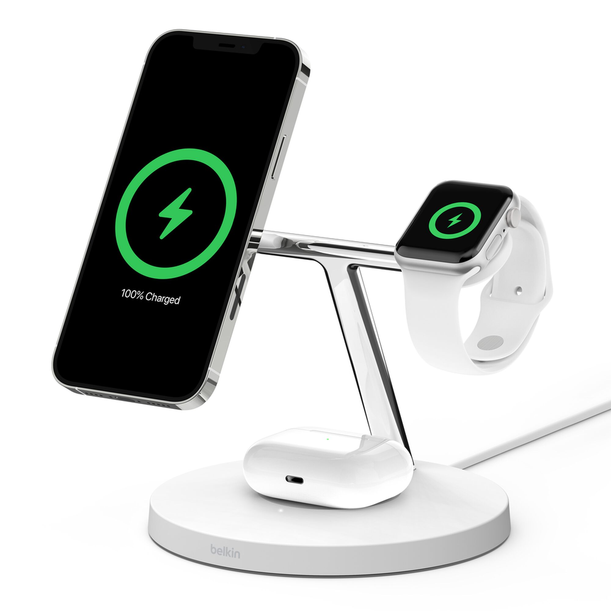 Belkin BoostCharge Pro 3-in-1 Wireless Charger with MagSafe 15W, White (Certified Refurbished)