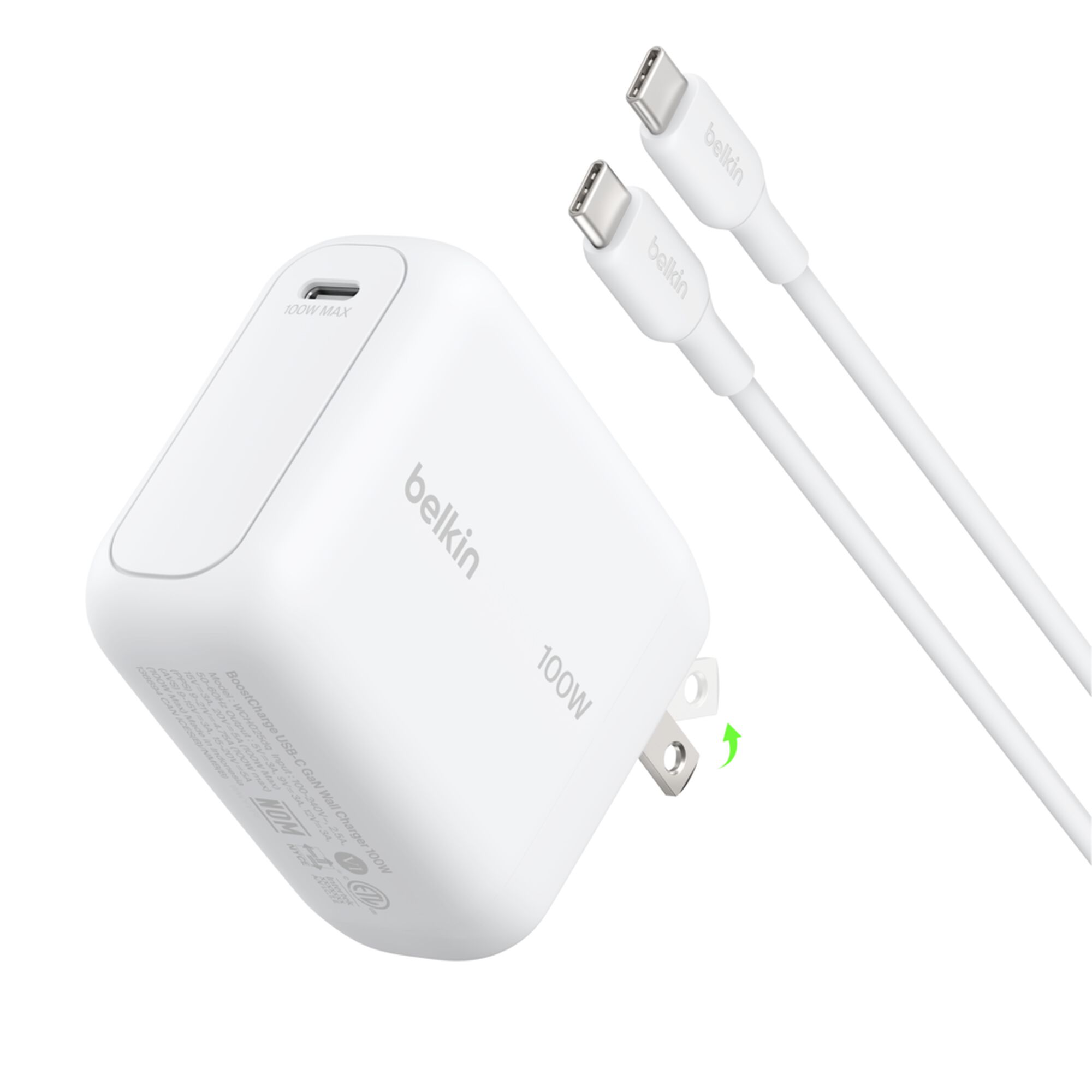 Belkin BoostCharge USB-C GaN Wall Charger 100W with 1.5m USB-C Cable, White