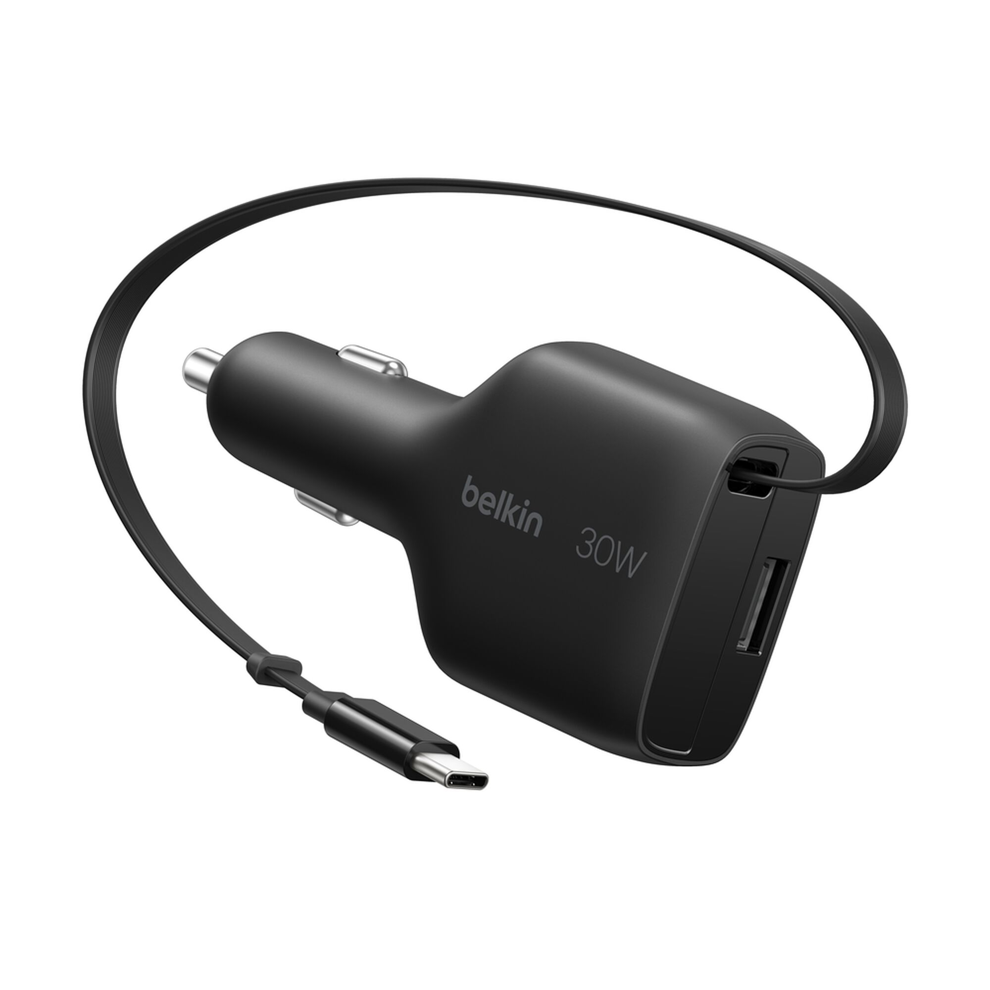 Belkin BoostCharge Retractable Car Charger 30W with USB-C Cable and USB-A Port, Black