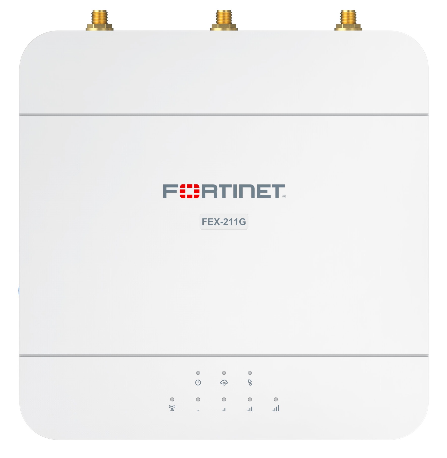 Fortinet FortiExtender 211G indoor LTE router with three external SMA antenna connectors and Gigabit Ethernet ports. — view 2