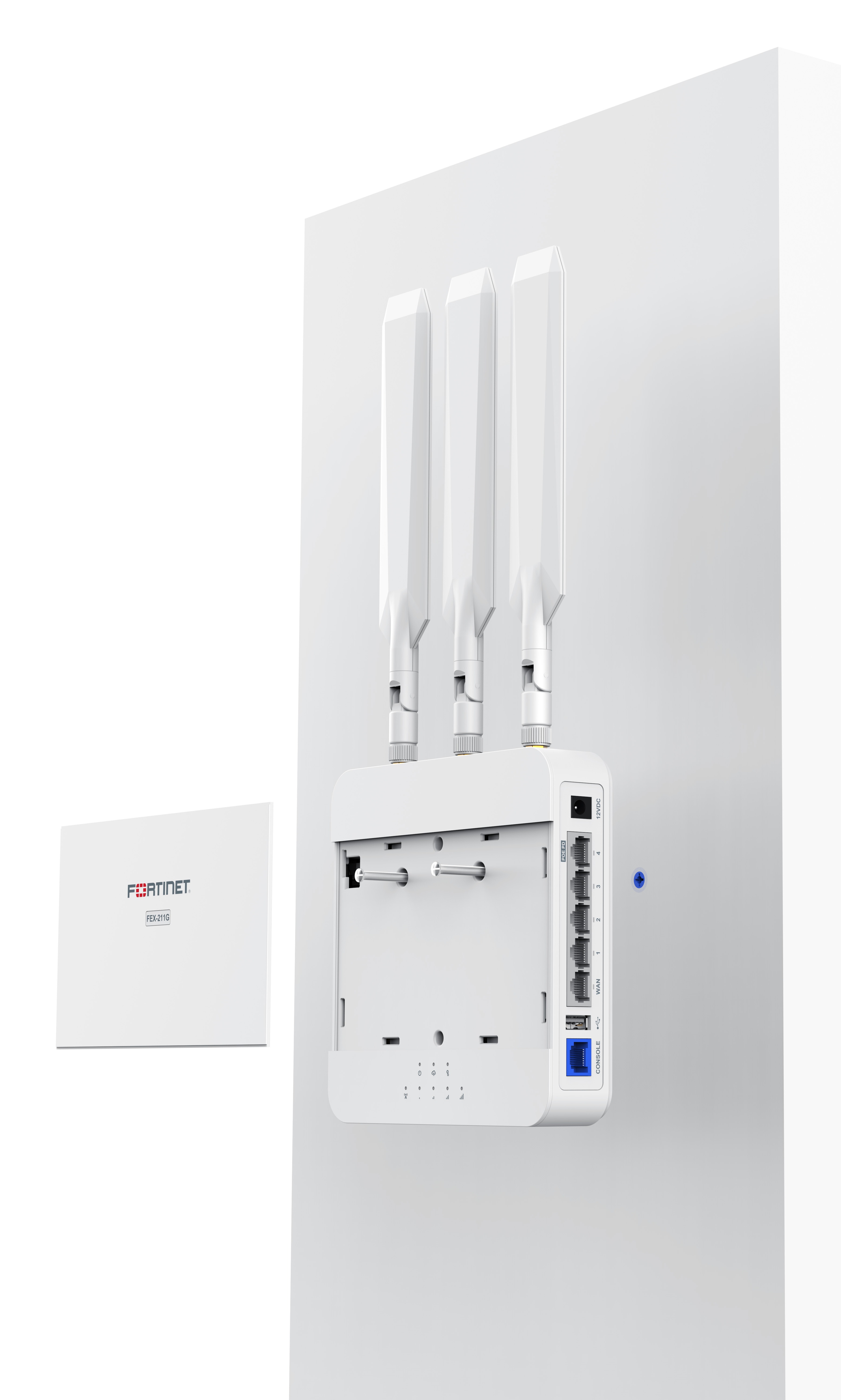 Fortinet FortiExtender 211G indoor LTE router with three external SMA antenna connectors and Gigabit Ethernet ports. — view 4