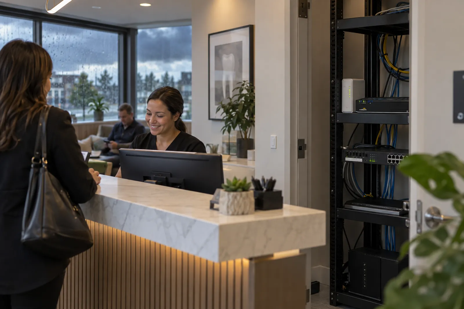 Dental office staying open during an outage, backup router in the closet behind the desk
