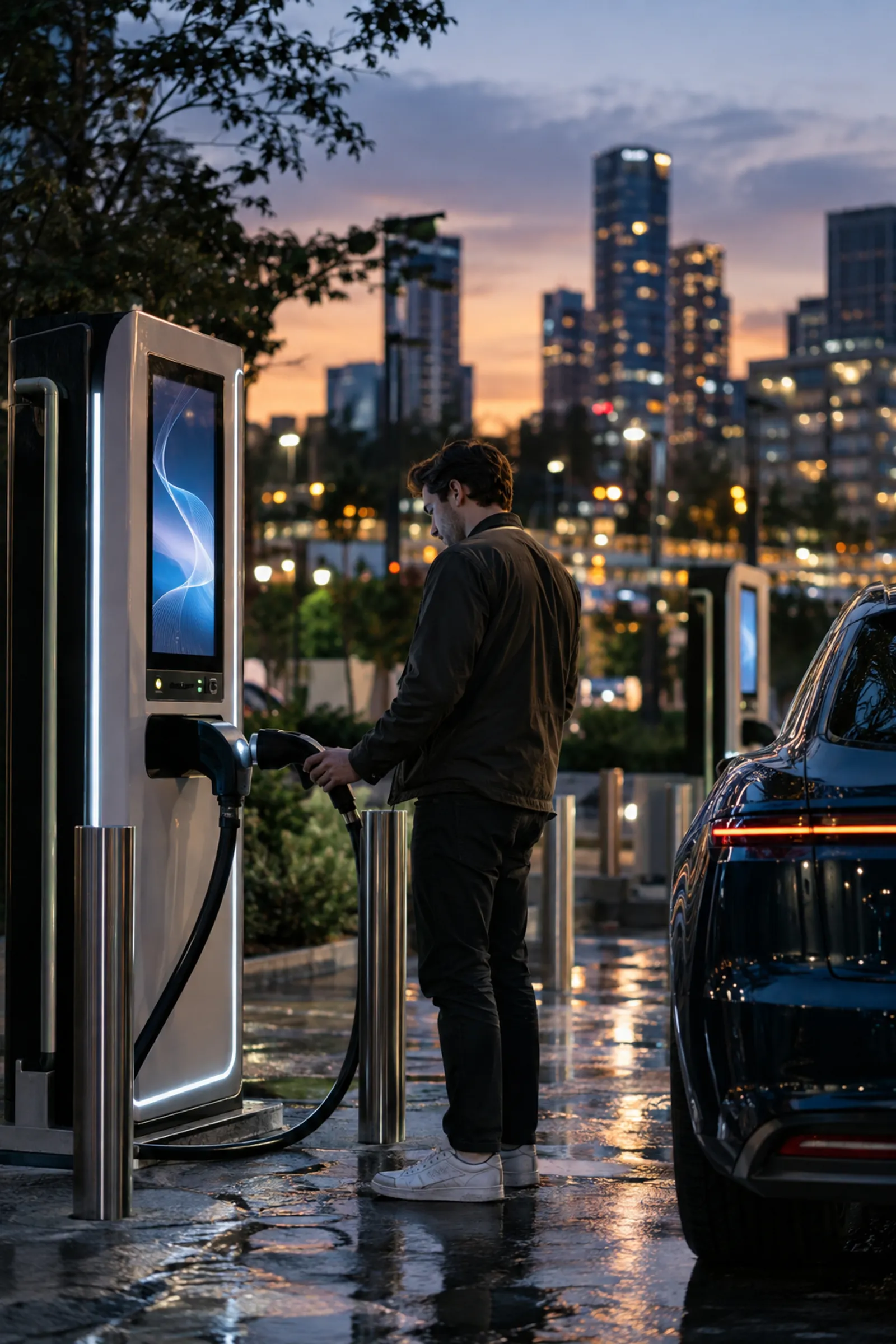 EV charger at dusk