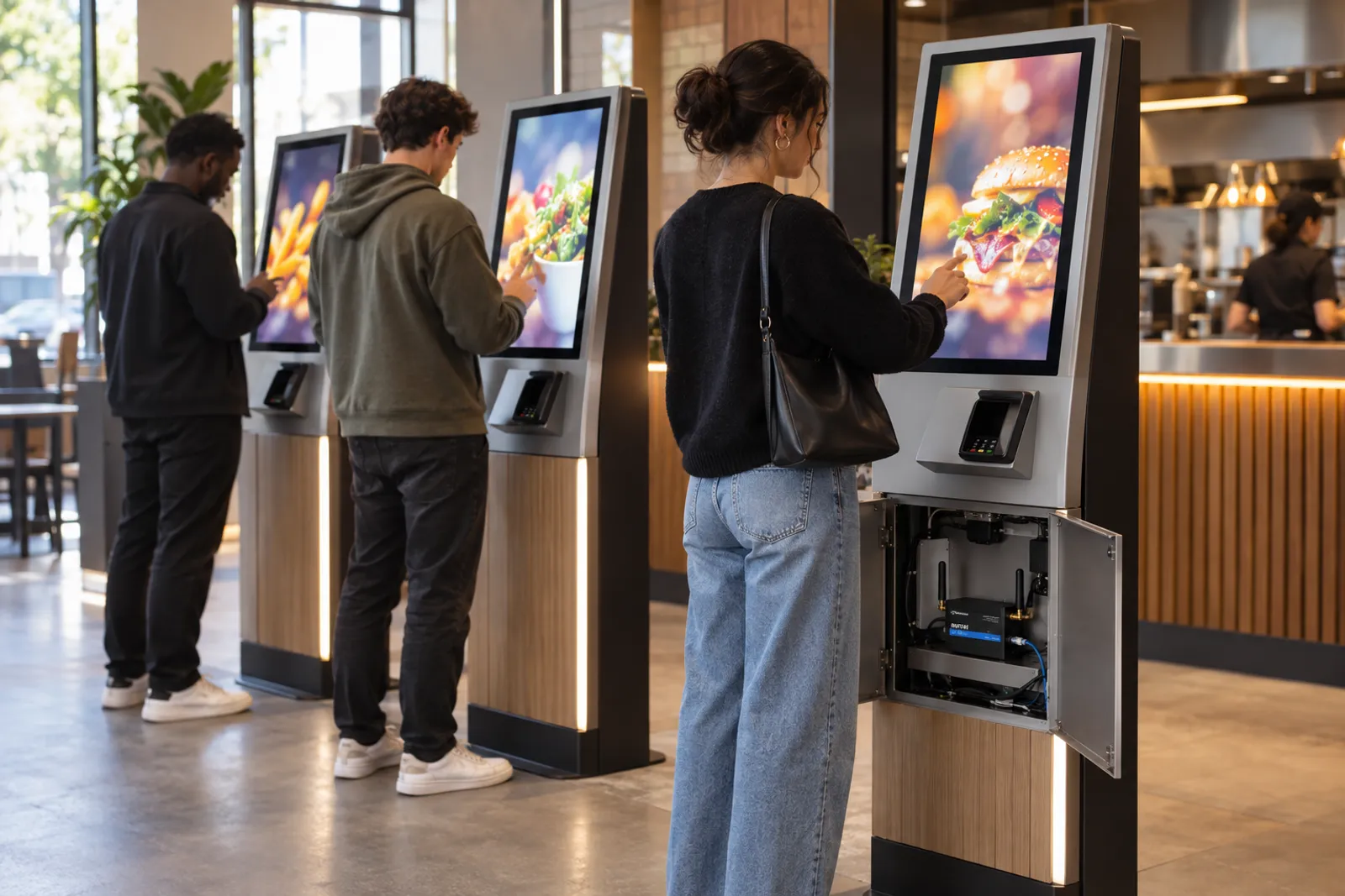 Self-order kiosks with a cellular router inside the base