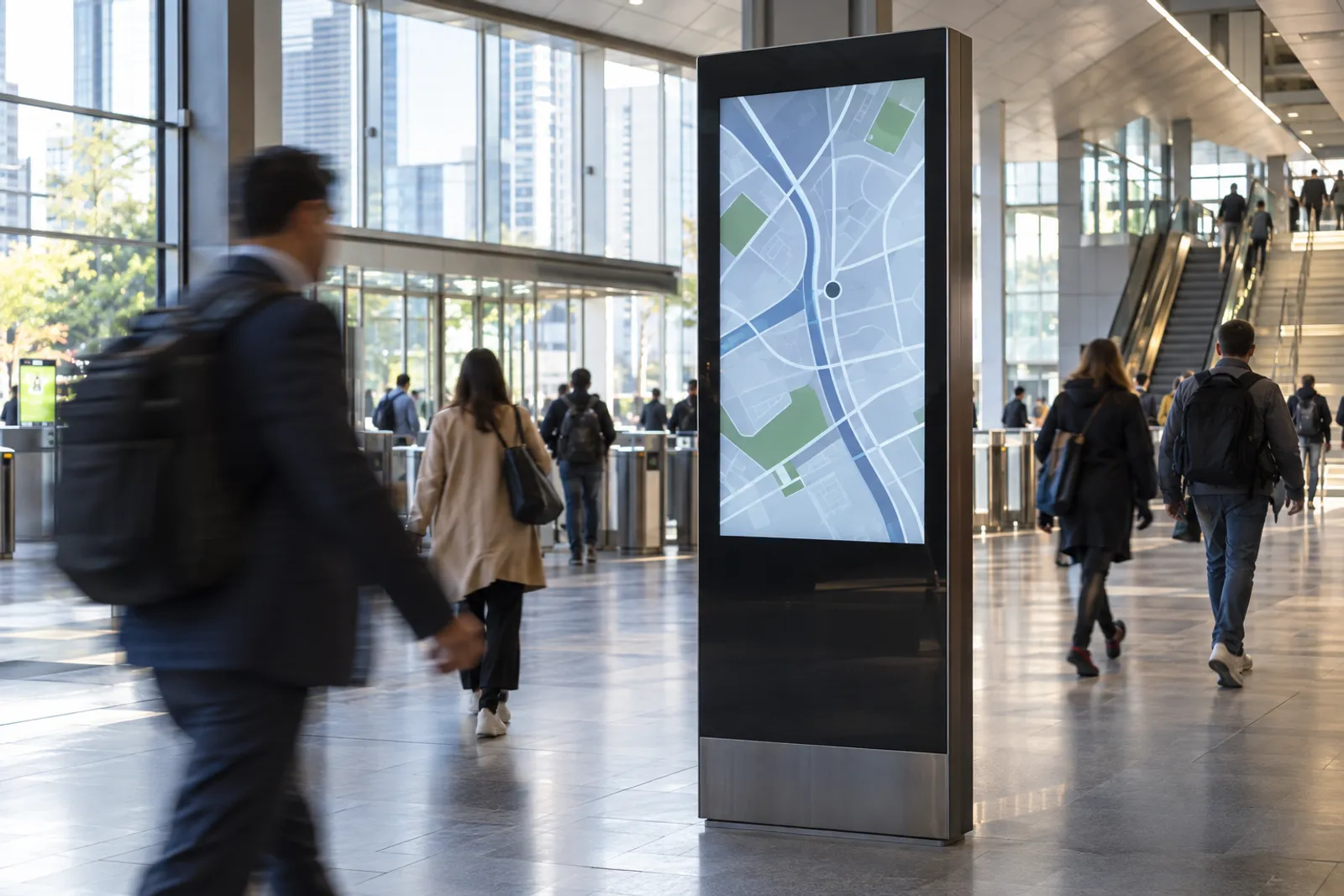 Digital wayfinding sign in a transit hub