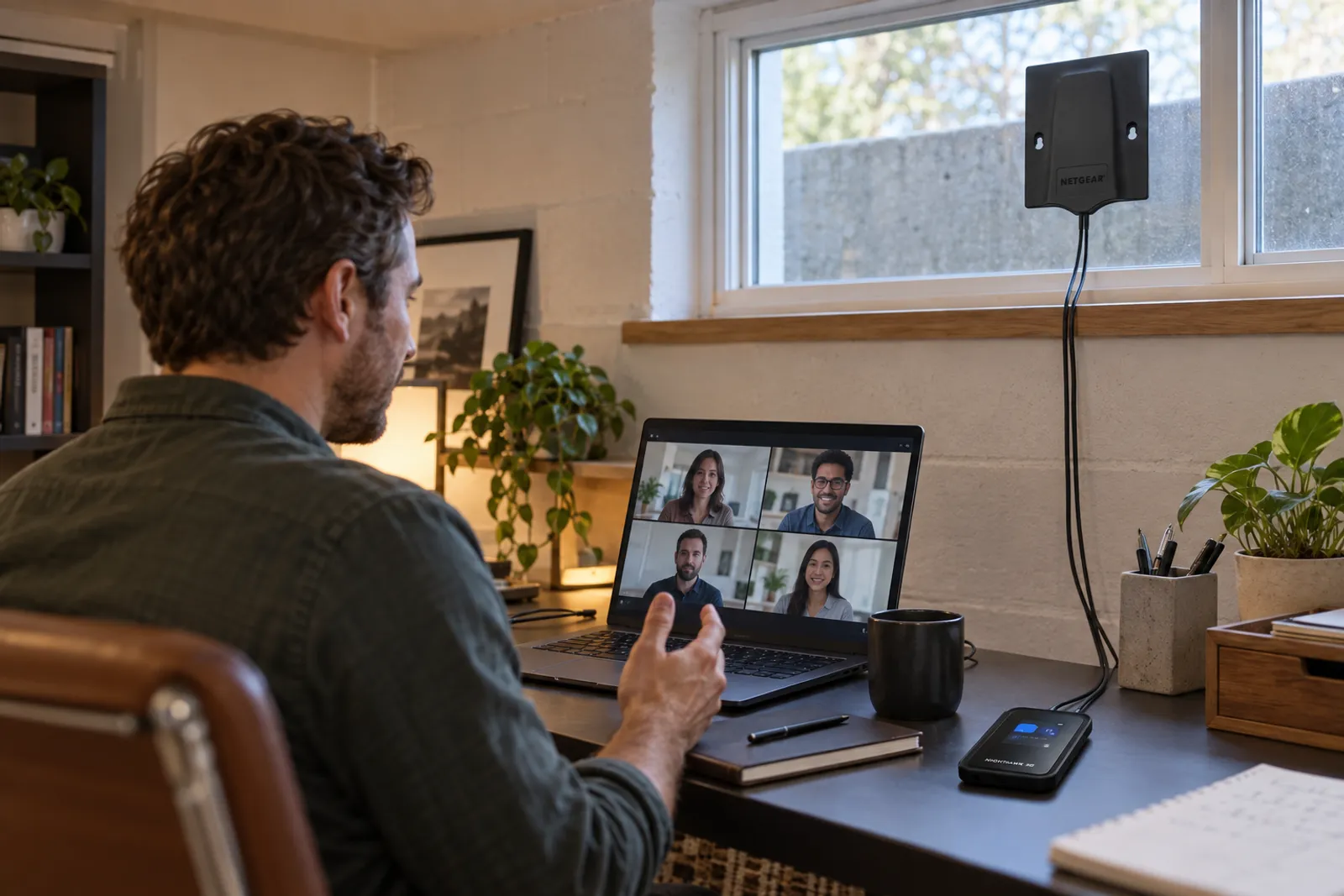 Window antenna boosting a hotspot's signal in a home office