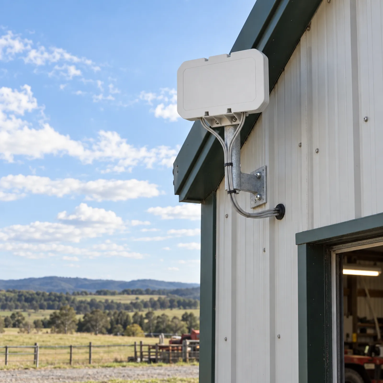 Outdoor antenna mounted on a building wall