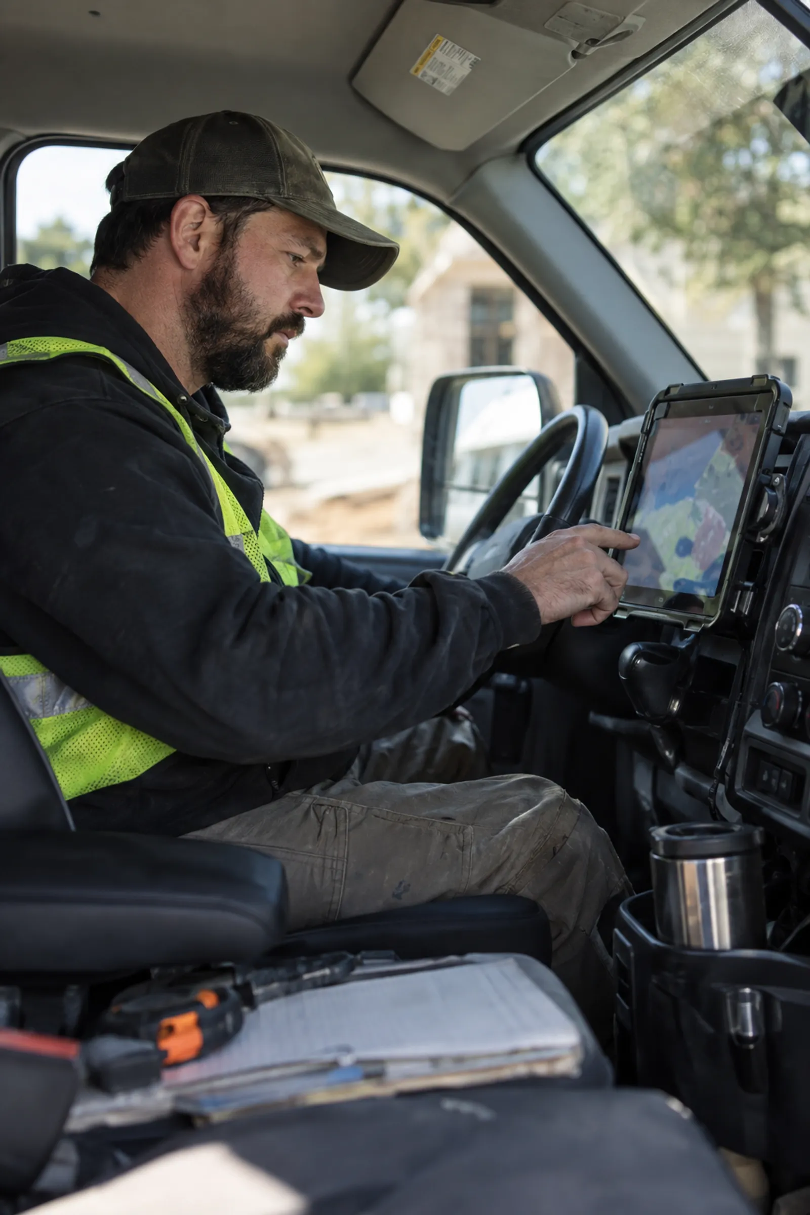 Technician completing a work order in the van
