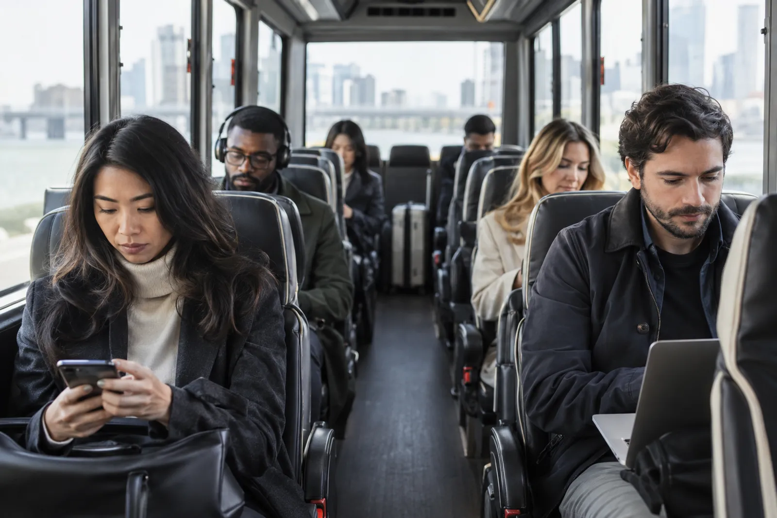 Passengers online on a shuttle bus