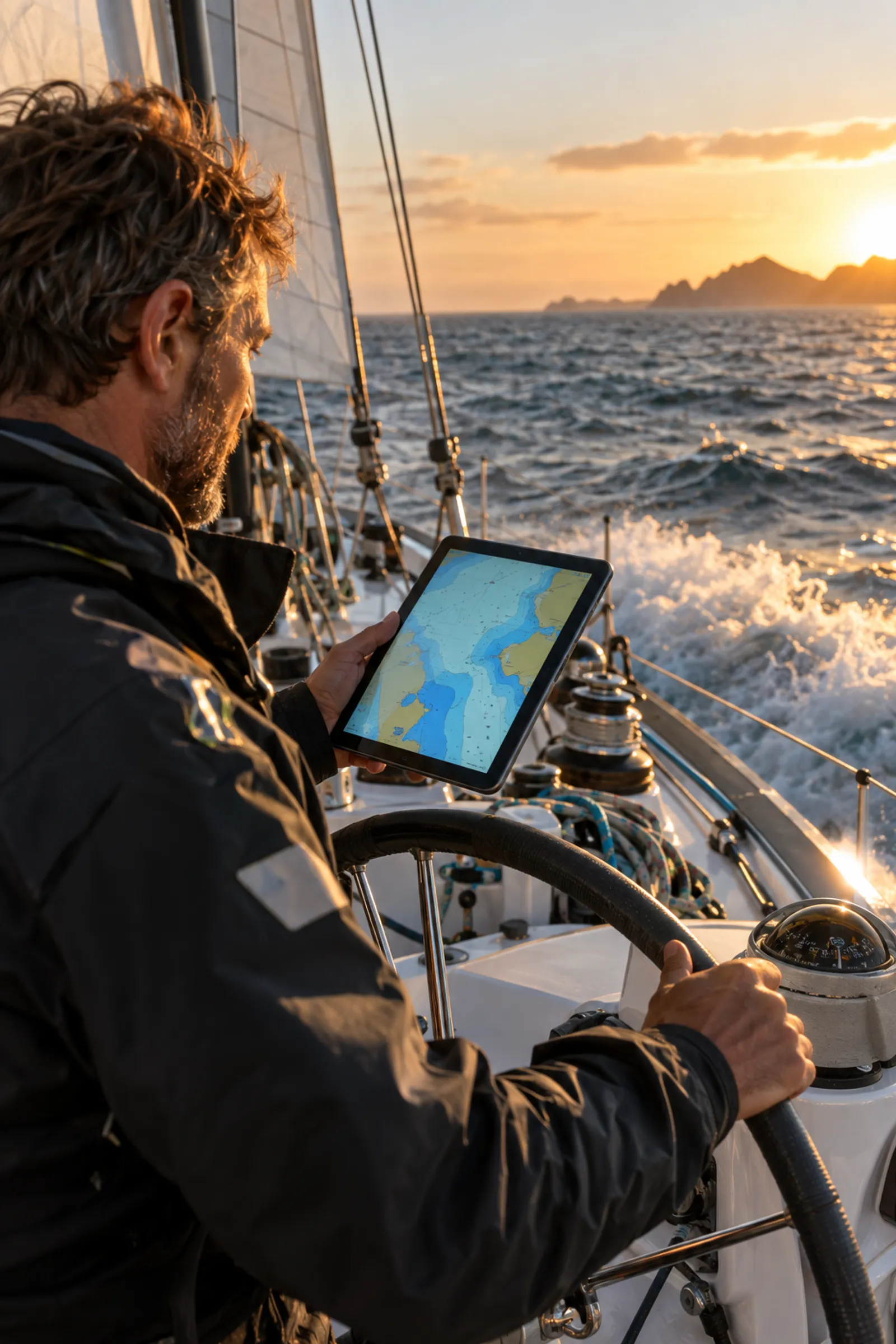 Captain checking a chart on a tablet