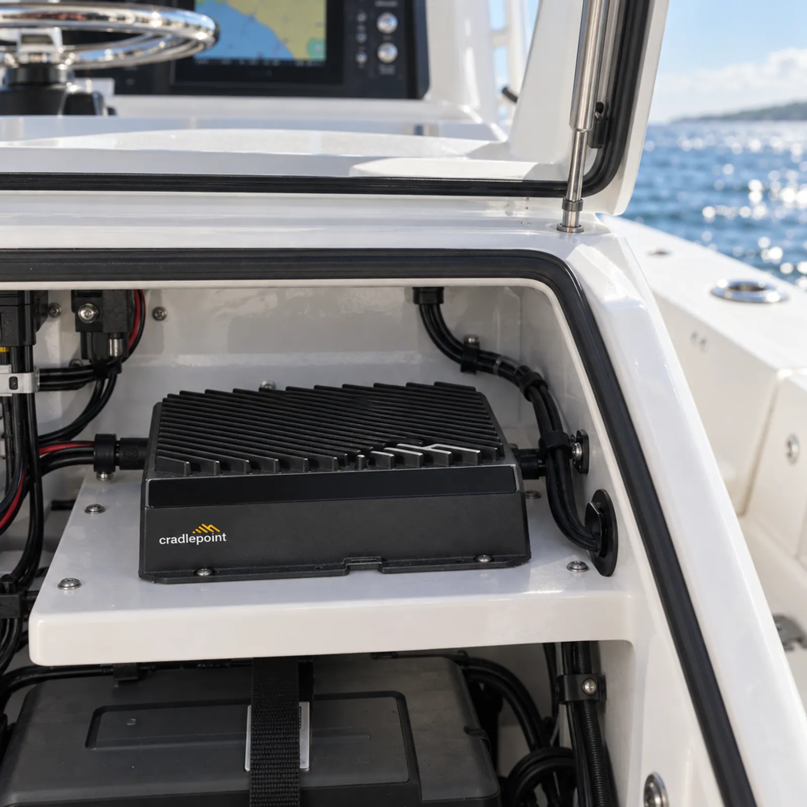 Rugged router installed in a helm console