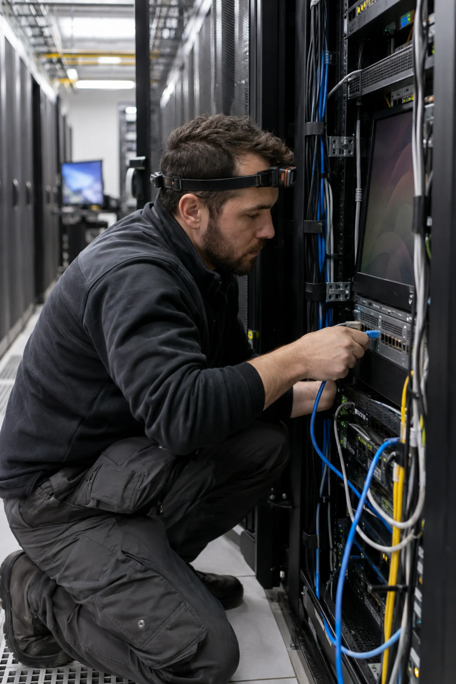 Engineer at a switch in a server aisle