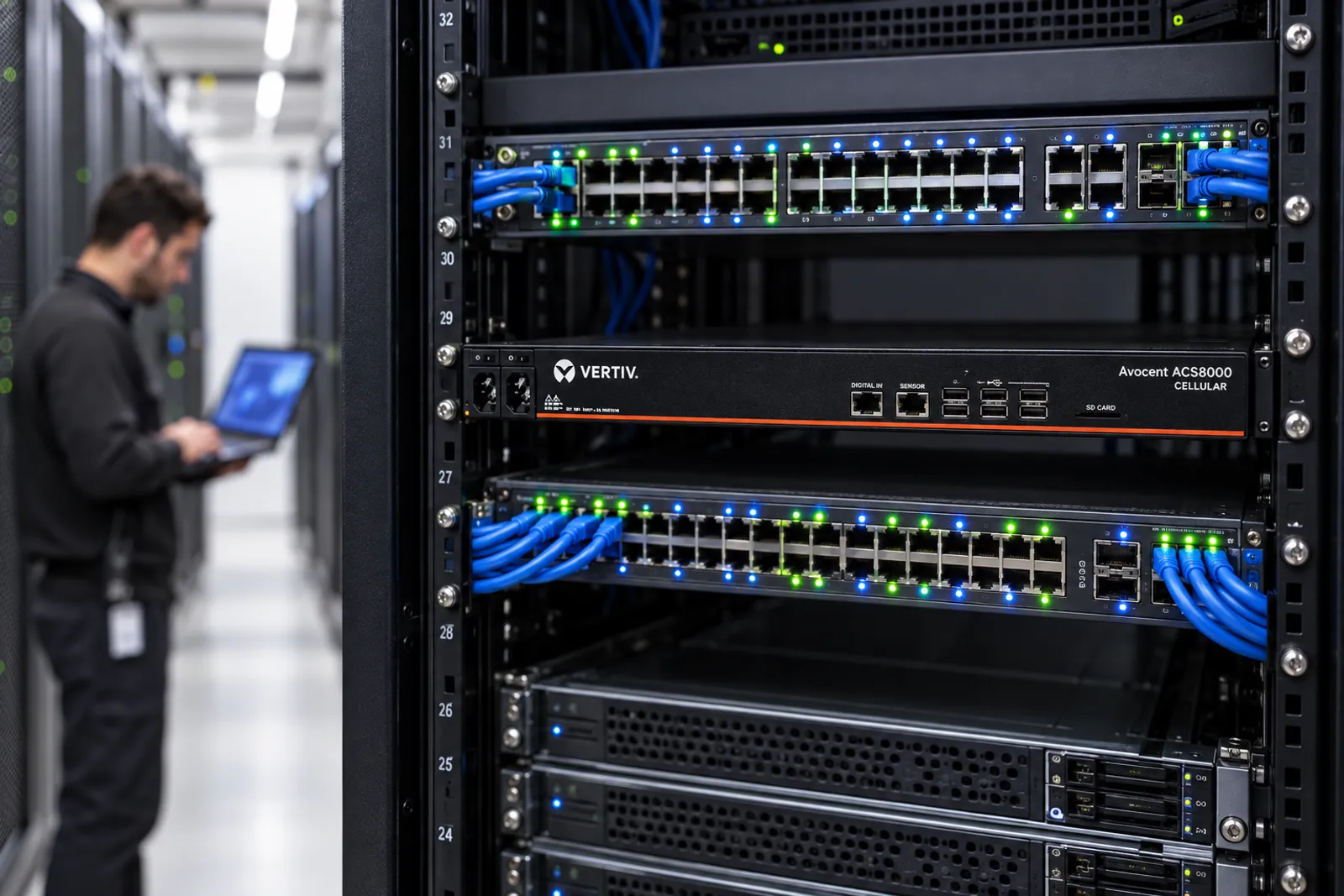 Rack-mounted cellular console server in a data center