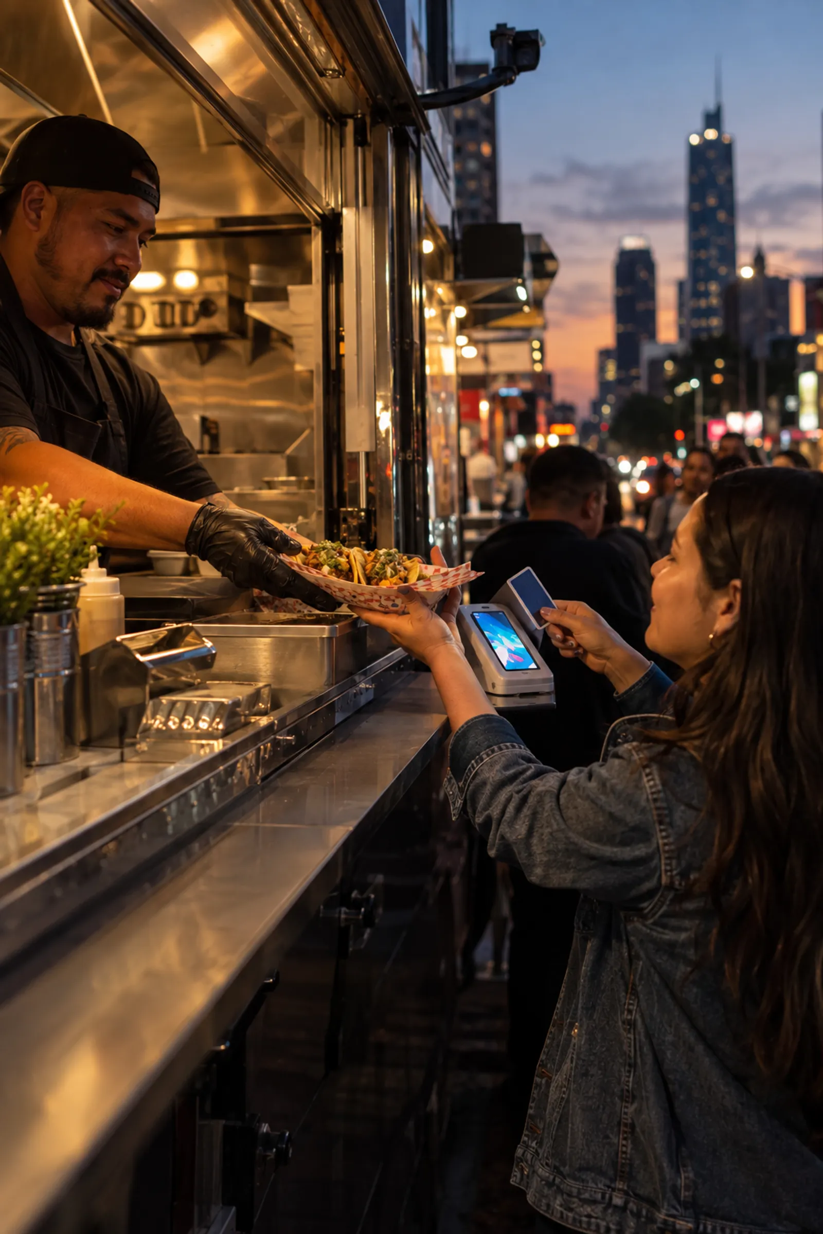 Food truck serving at dusk