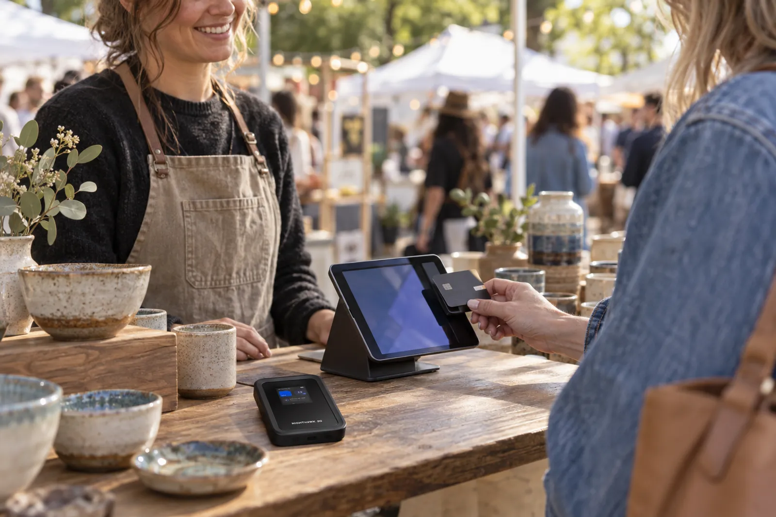 Market booth taking card payments over a hotspot