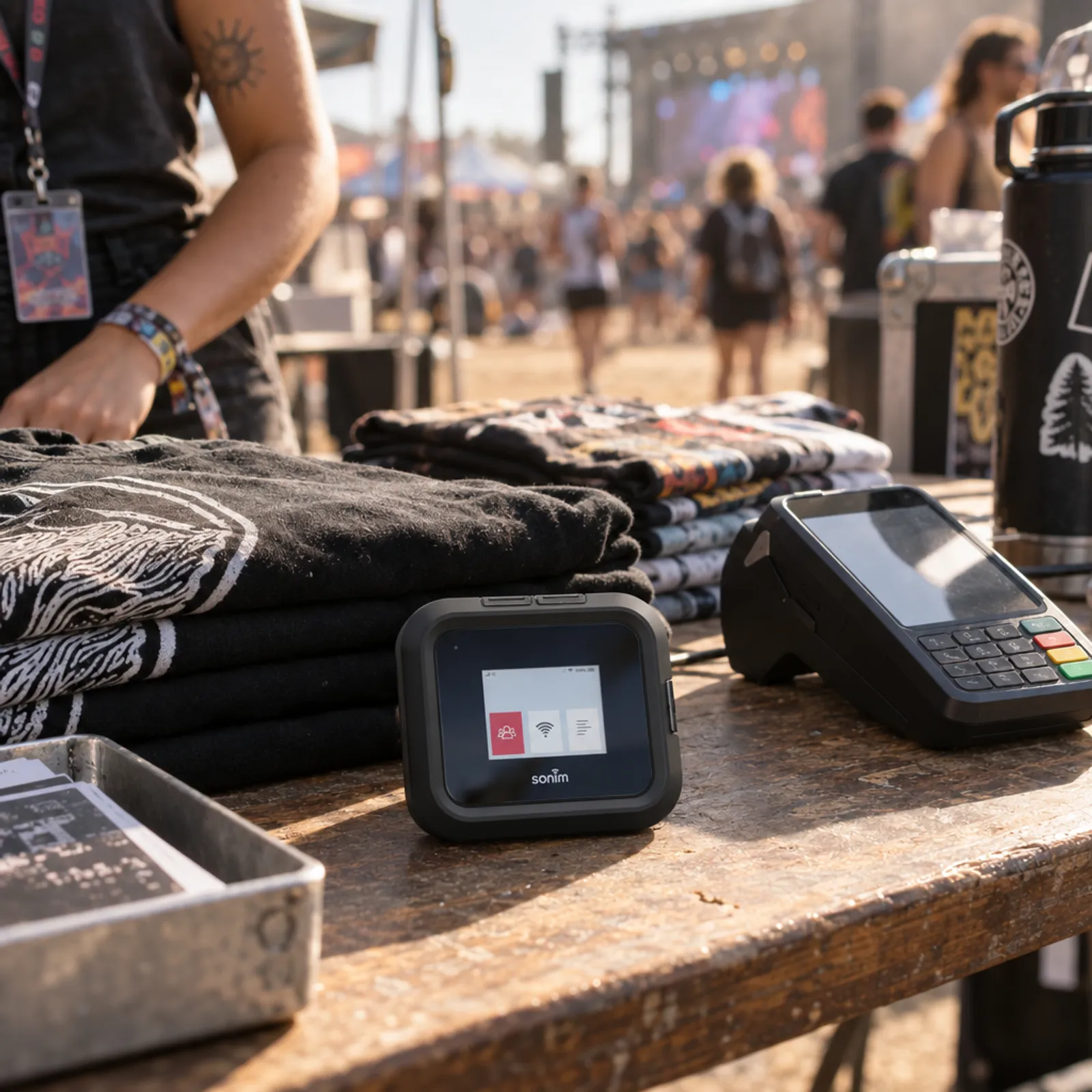 Rugged hotspot on a festival merch table