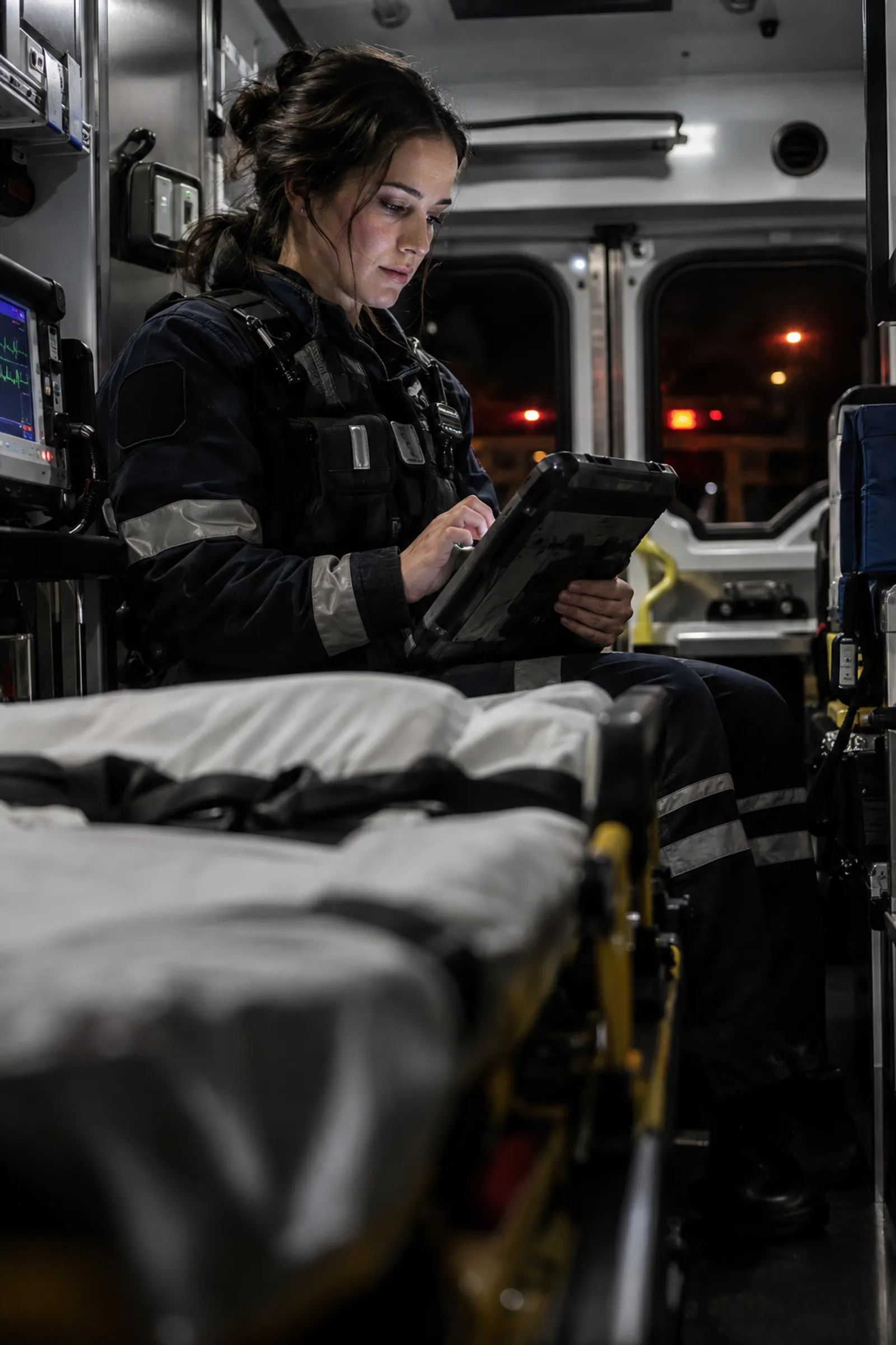 Paramedic using a tablet in an ambulance