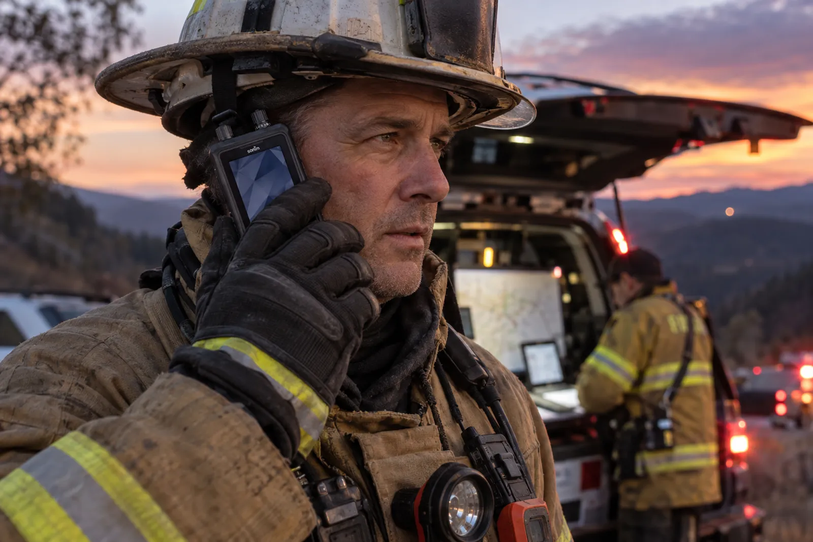 Incident commander on a rugged phone at the scene