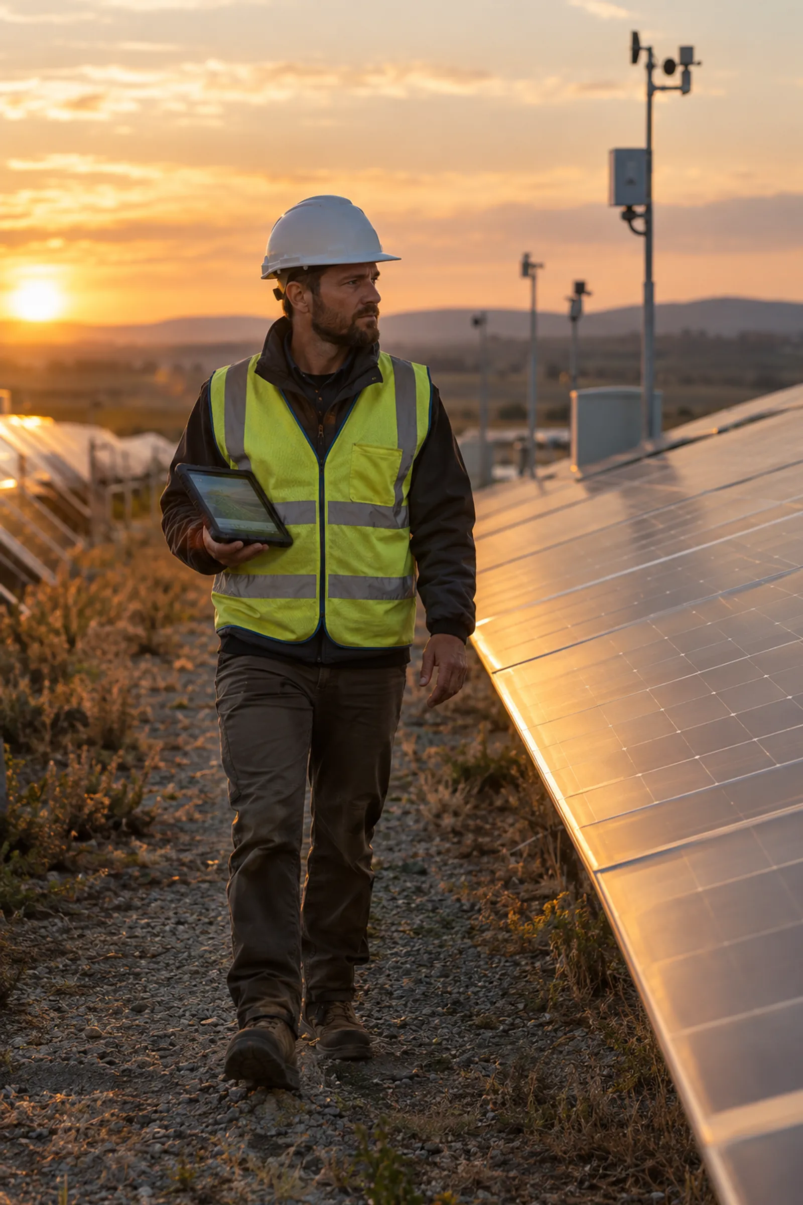 Solar farm technician with a tablet