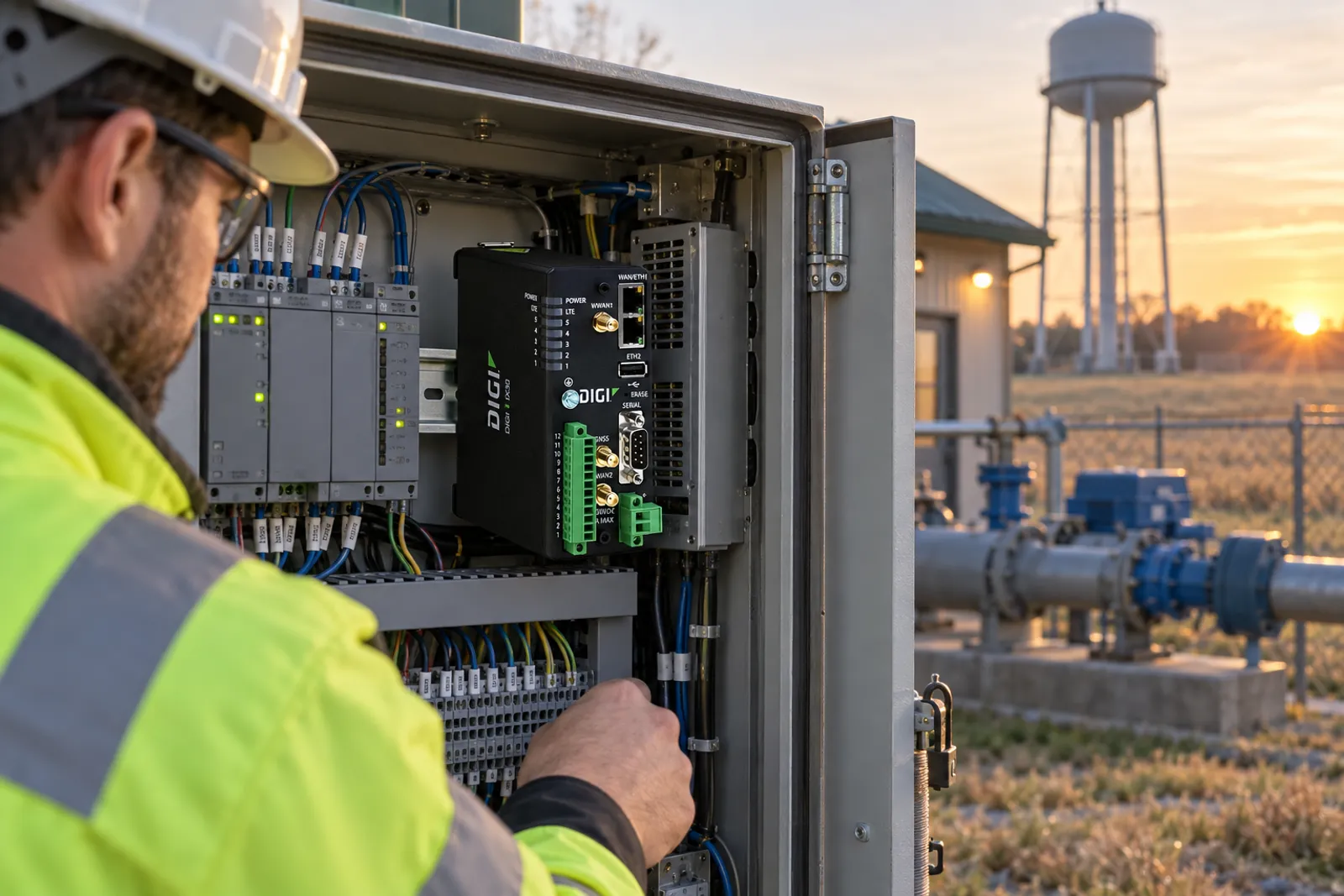 Engineer at a pump station control cabinet with a DIN-rail cellular router